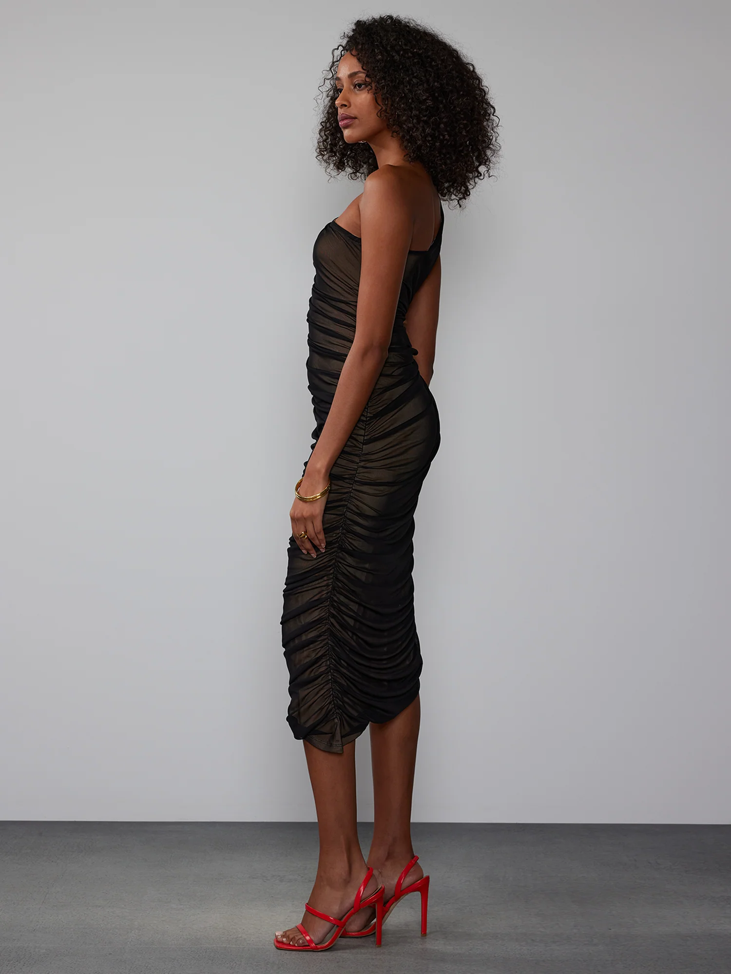 One Shoulder Mesh Ruched Dress - Image 2