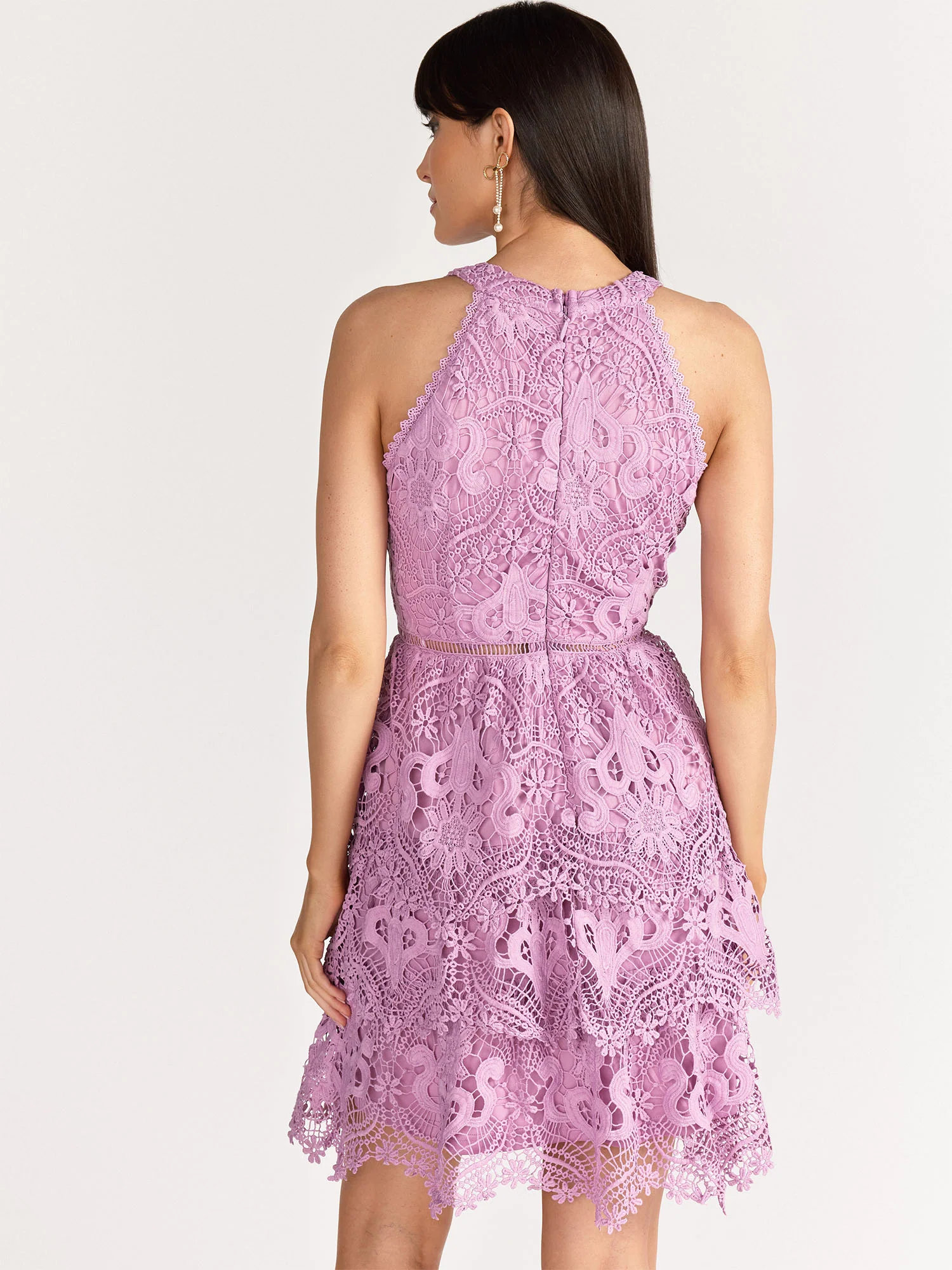Just Me Sleeveless Halter Neck Floral Embroidered Tiered Lace Dress - Brands We Love - Image 3