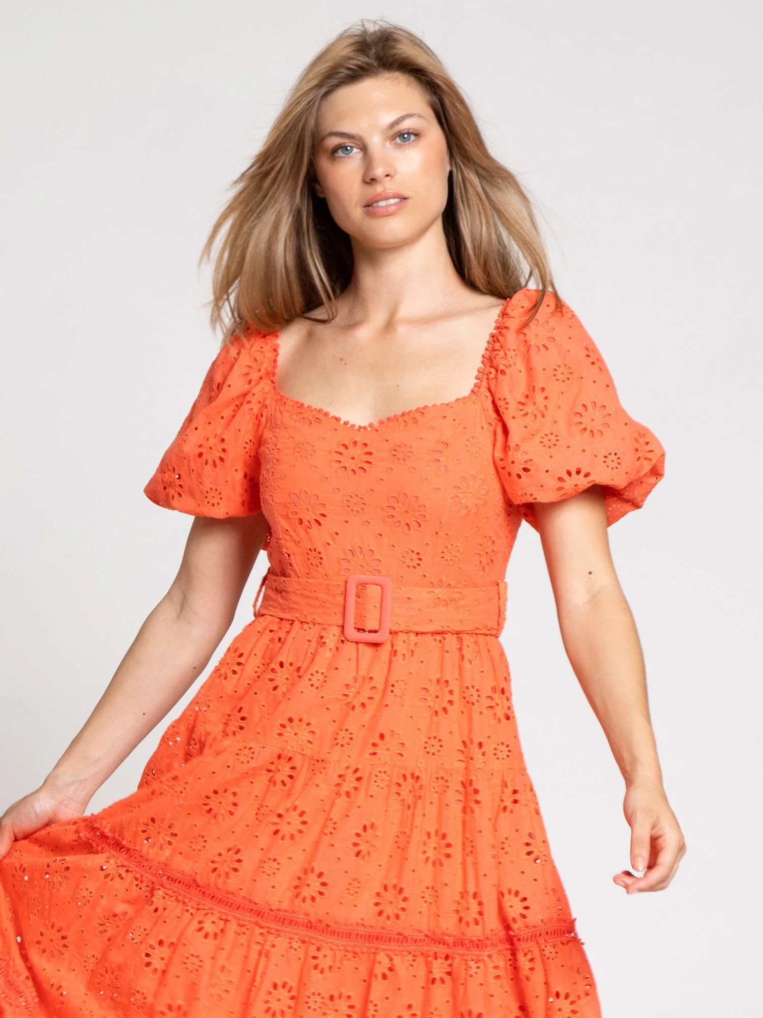 Just Me Short Sleeve Belted Eyelet Midi Dress - Brands We Love - Image 4