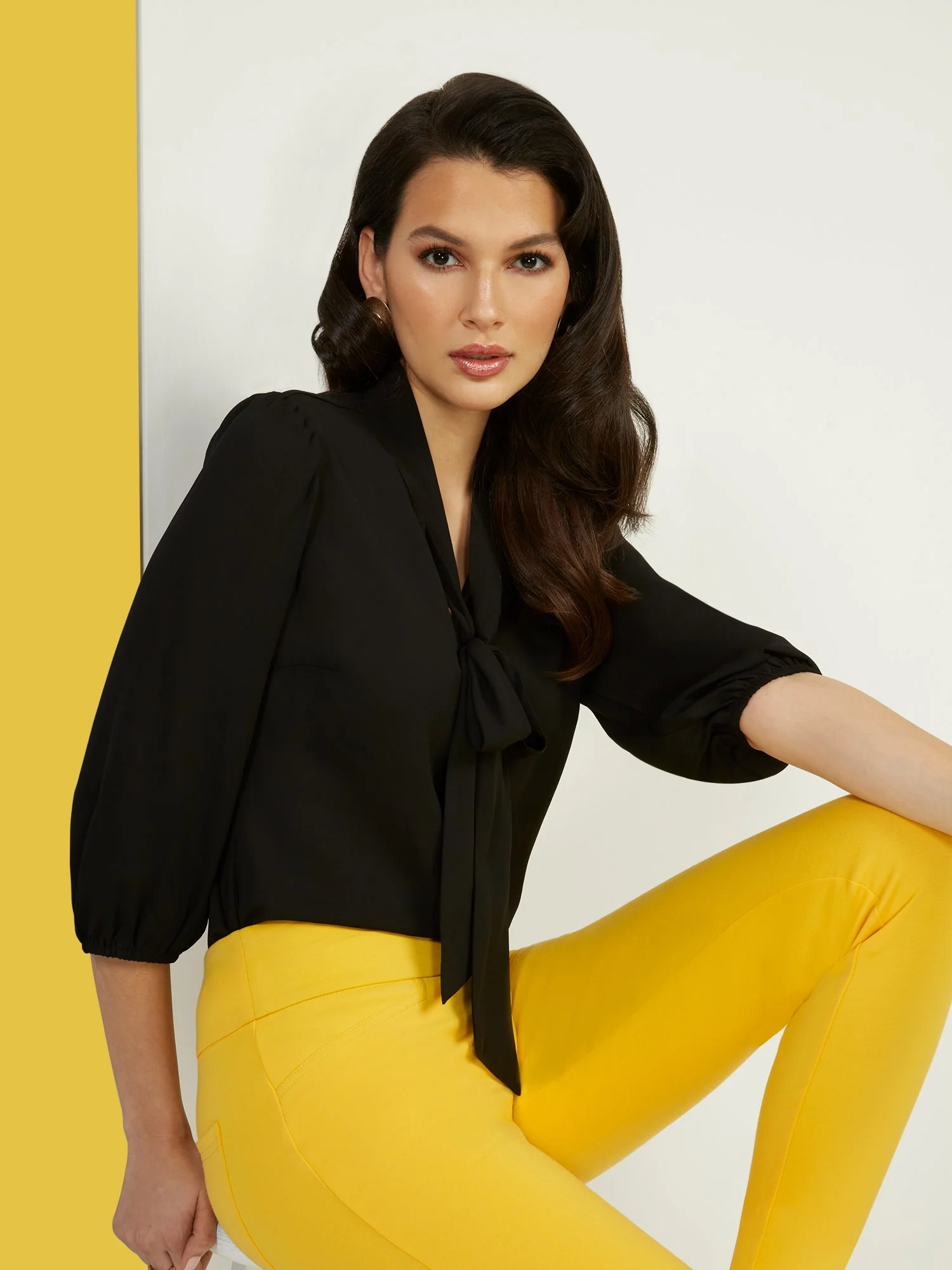 3/4-Sleeve Bow-Tie Blouse - Image 2