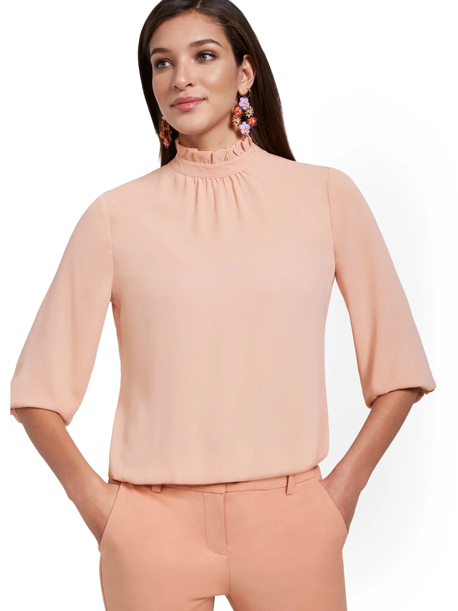 3/4-Sleeve Ruffle Mock-Neck Top - Image 6