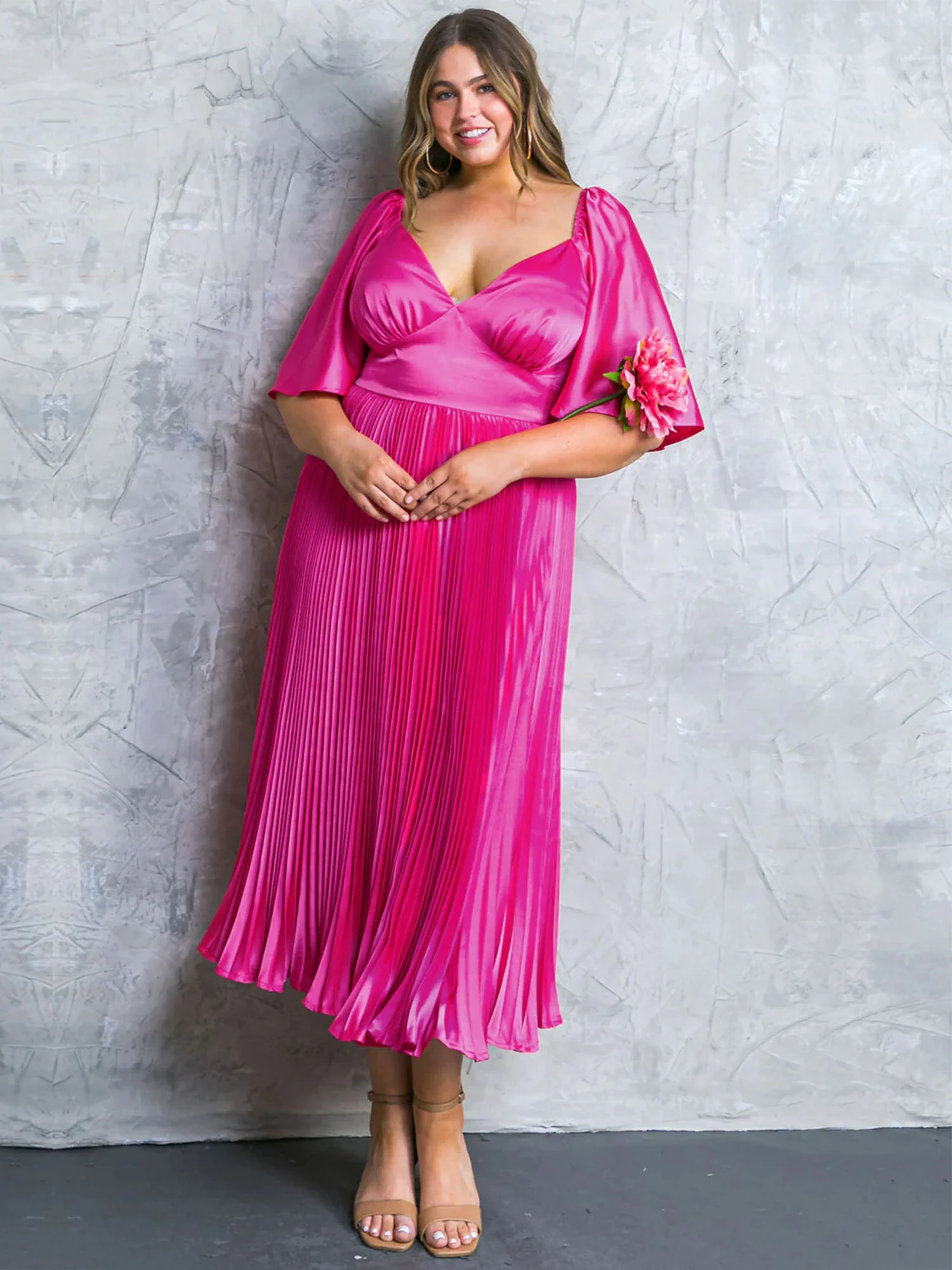 Plus Short Bell Sleeve Pleated Maxi Dress
