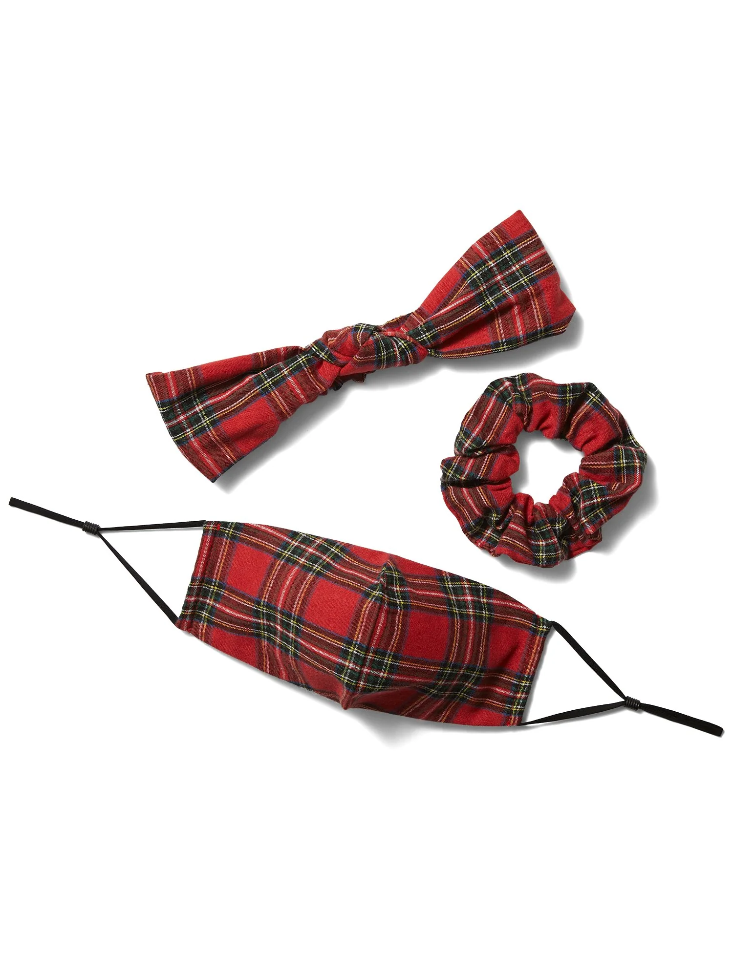 3-Piece Red Plaid Face Mask, Scrunchie & Hairband Set