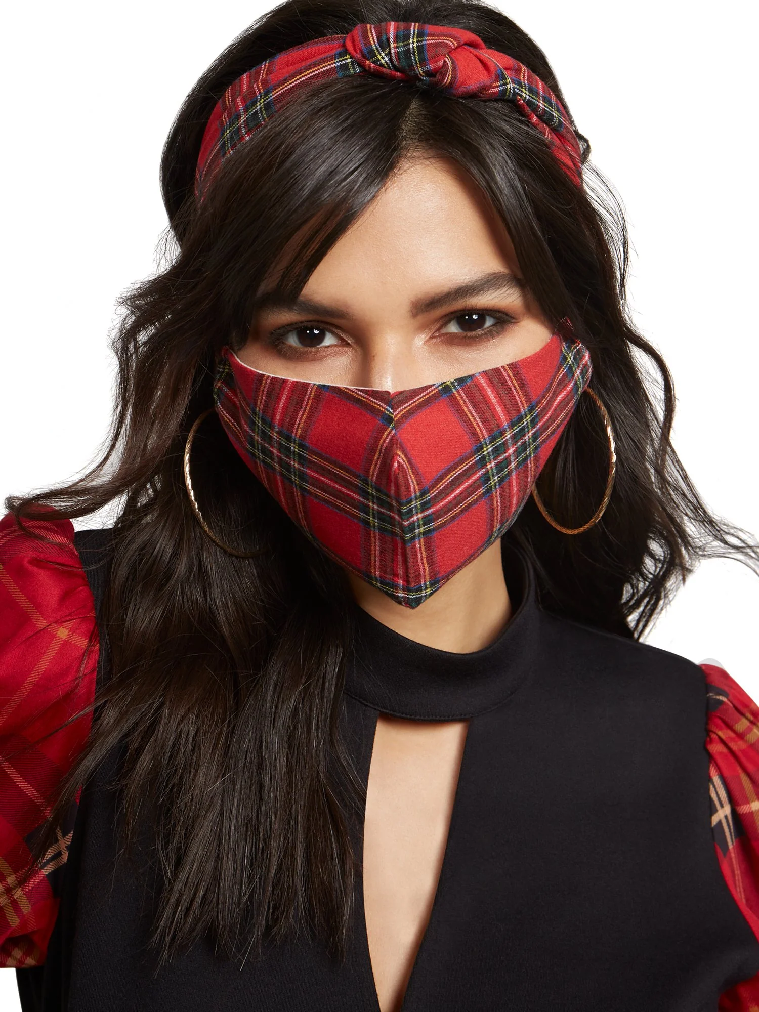 3-Piece Red Plaid Face Mask, Scrunchie & Hairband Set - Image 3