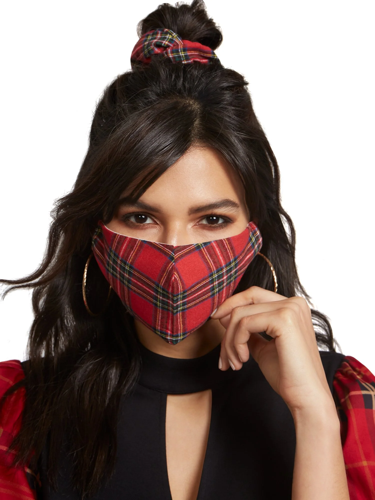 3-Piece Red Plaid Face Mask, Scrunchie & Hairband Set - Image 4
