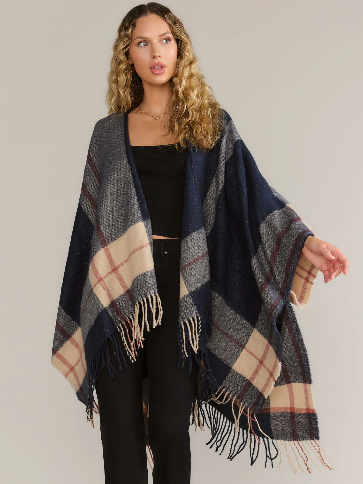 Plaid Fringe Hem Ruana
