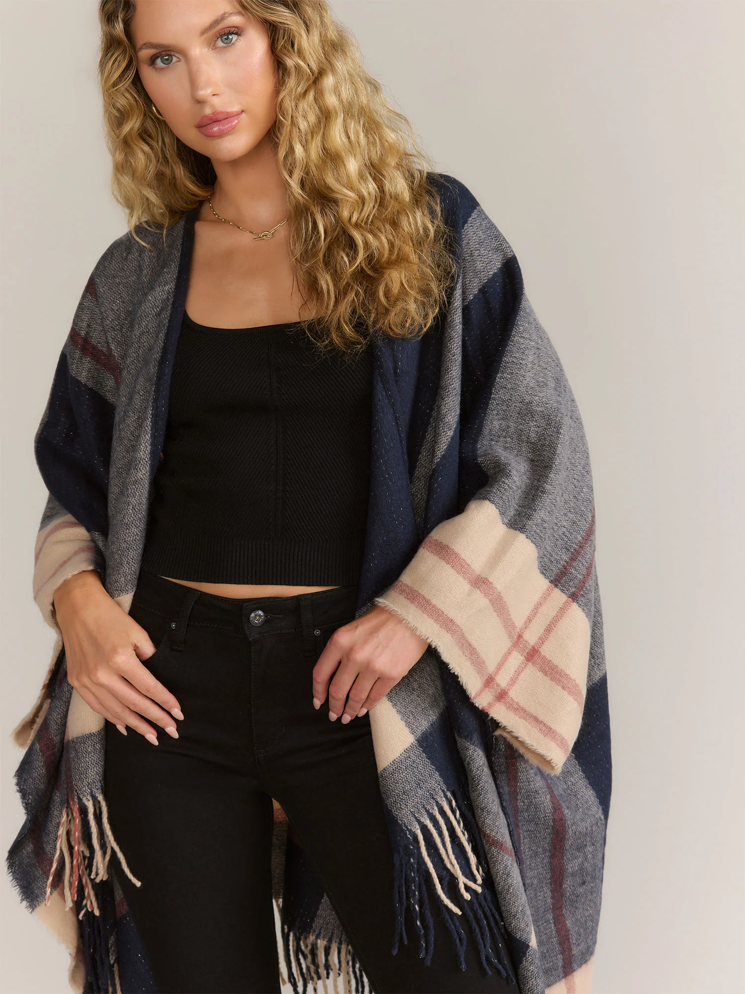 Plaid Fringe Hem Ruana - Image 2