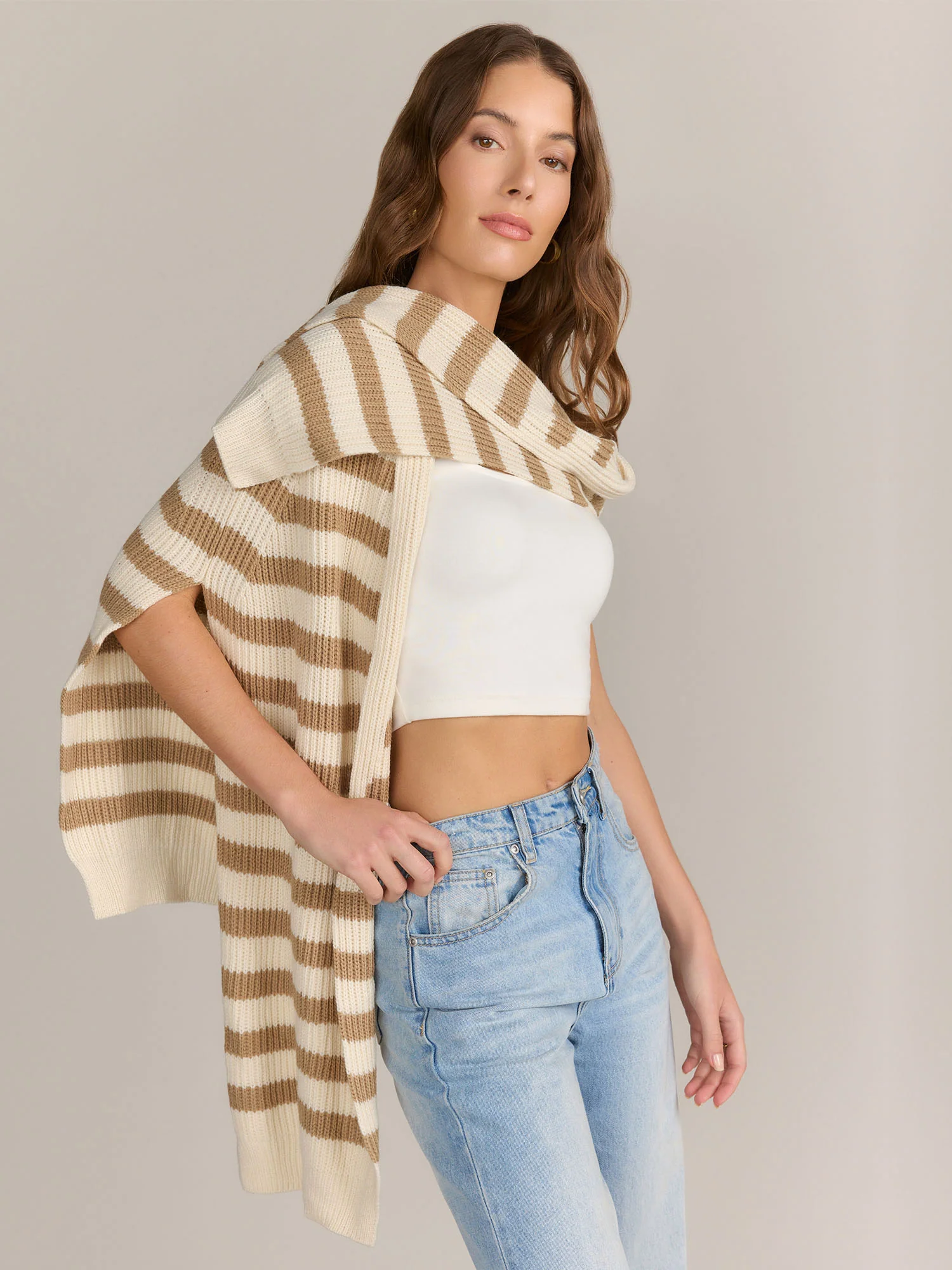 Bold Stripe Faux Draped Sweater Ruana - Image 3