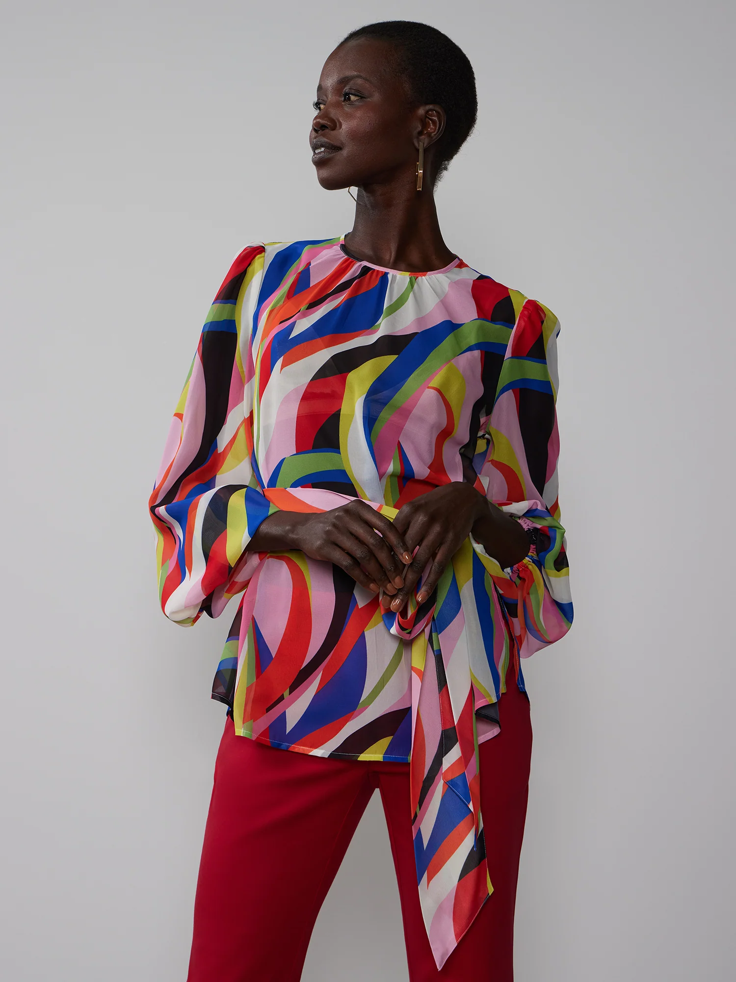 Abstract Crew Neck Tie Waist Blouse - Image 2