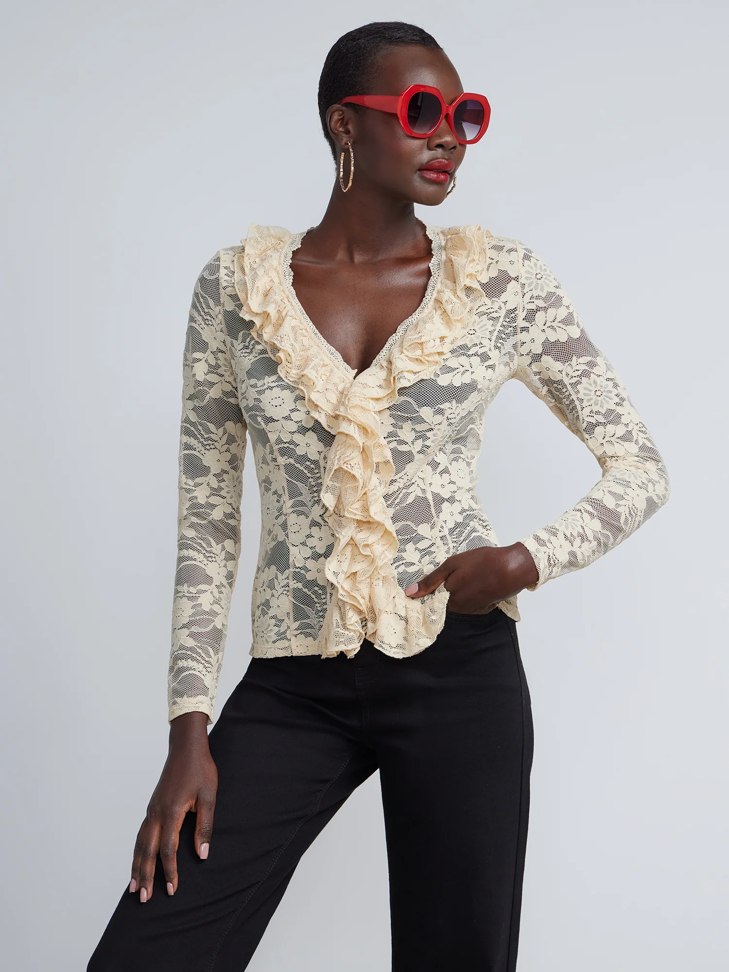 Floral Embroidered Ruffled Front Mesh Lace Top - Image 5