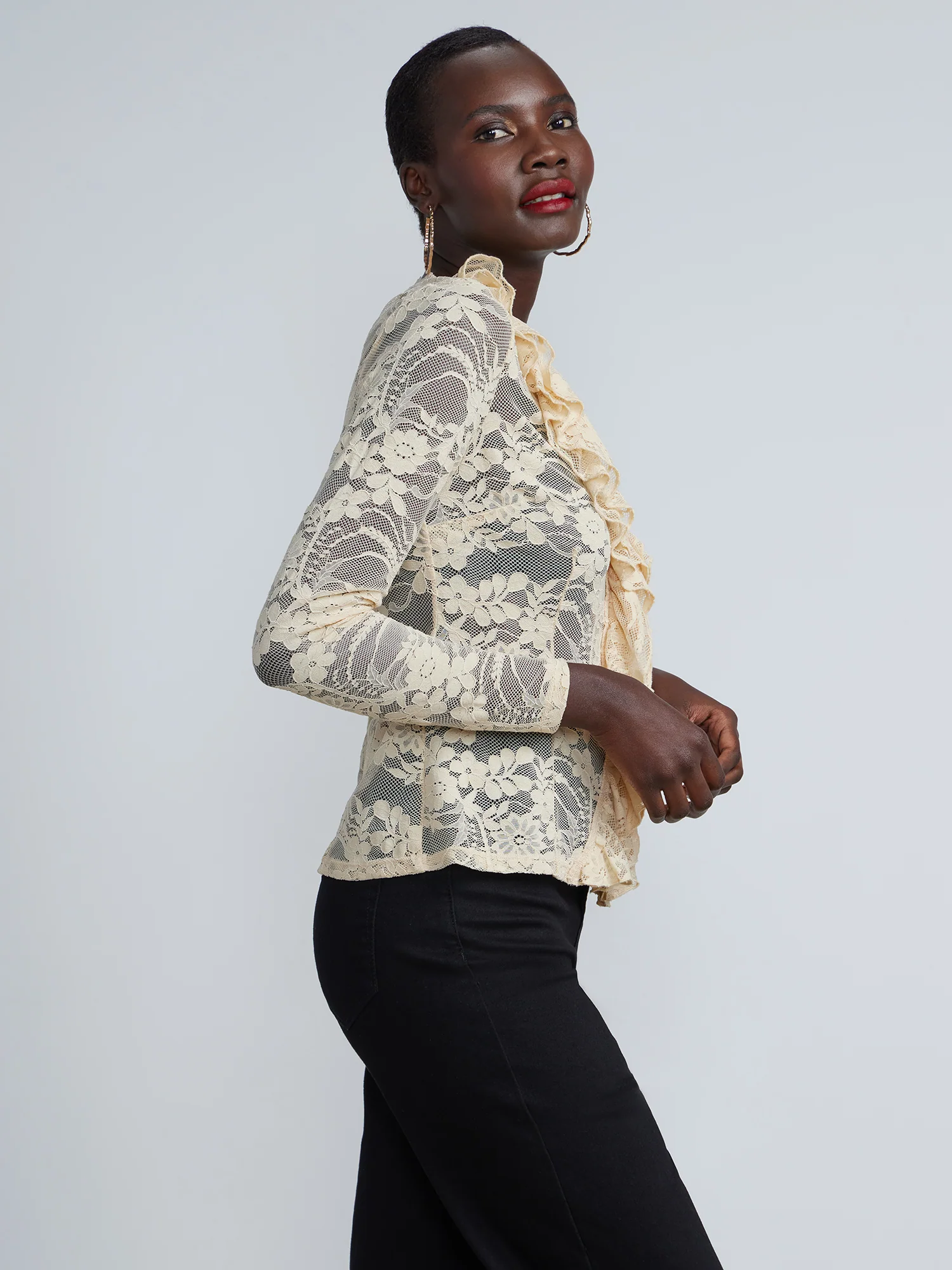 Floral Embroidered Ruffled Front Mesh Lace Top - Image 6