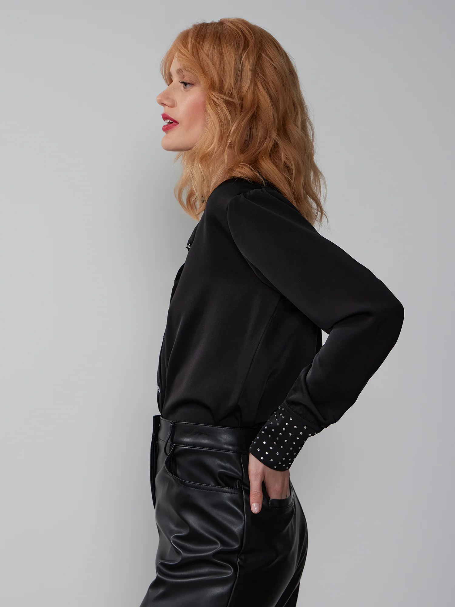Satin Rhinestone Cuff Shirt - Image 2
