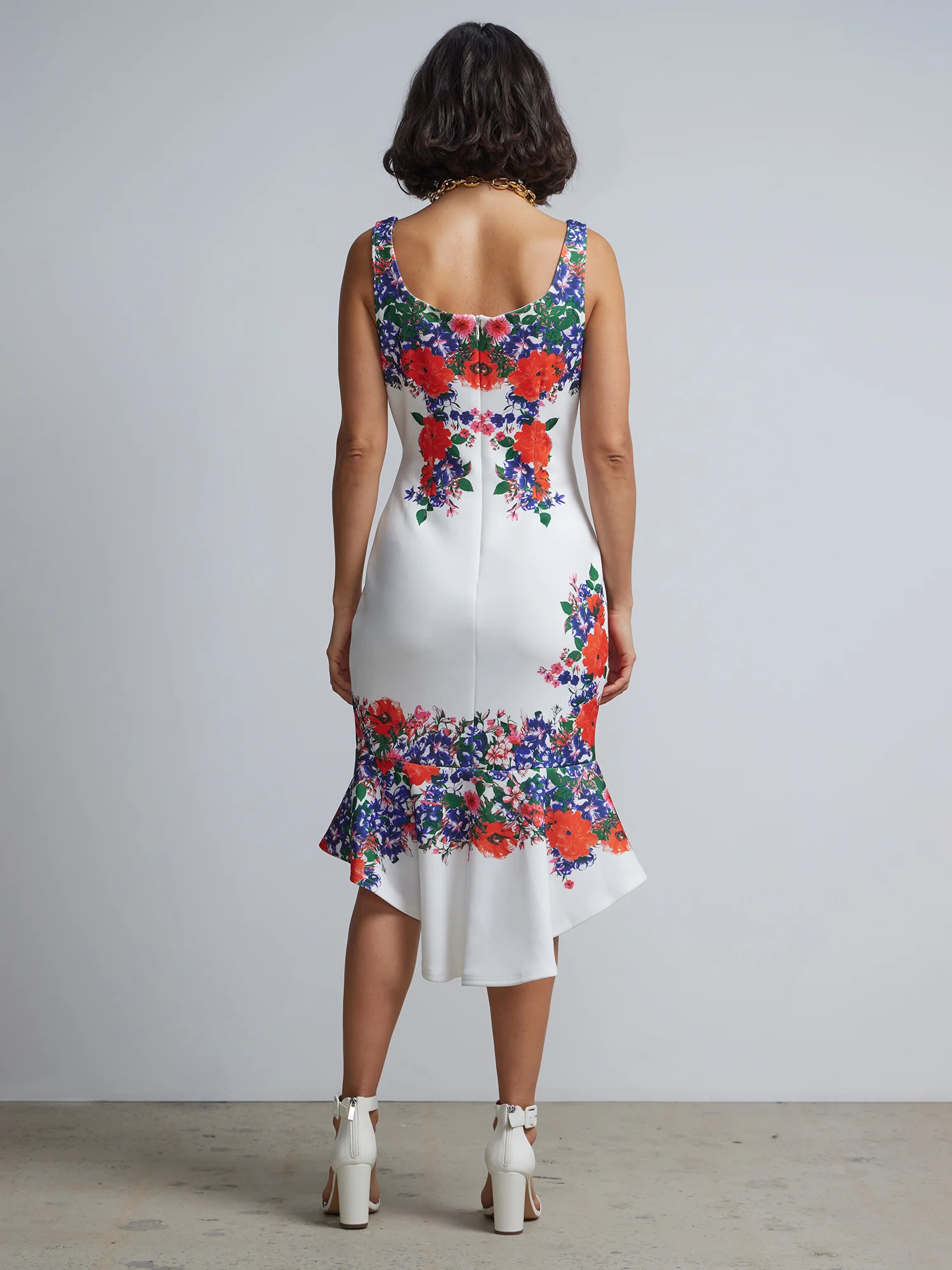Sleeveless Floral Printed Frill Asymmetric Sheath Dress - Image 3