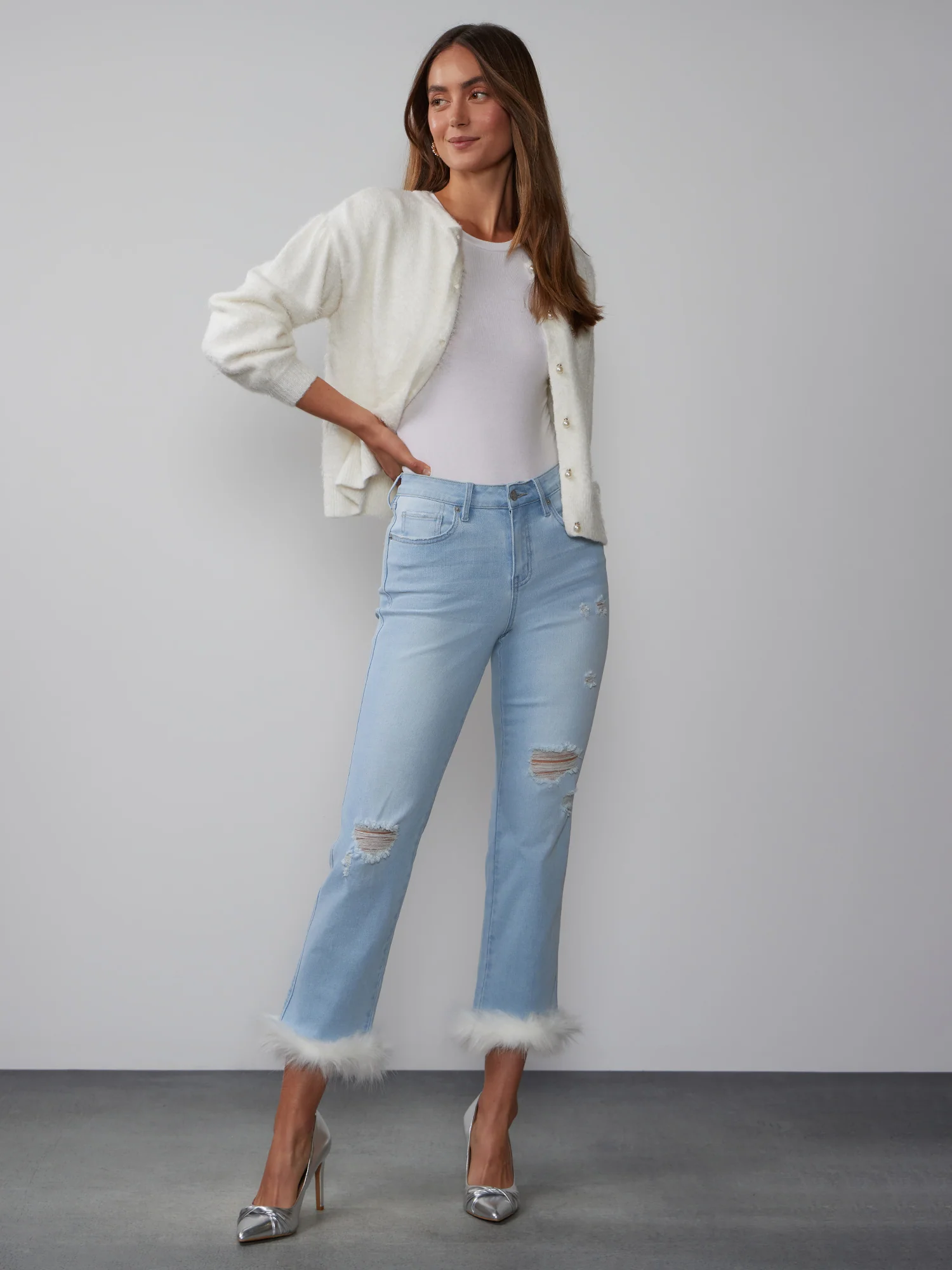 High Rise Fur Hem Skinny Jeans - Image 5