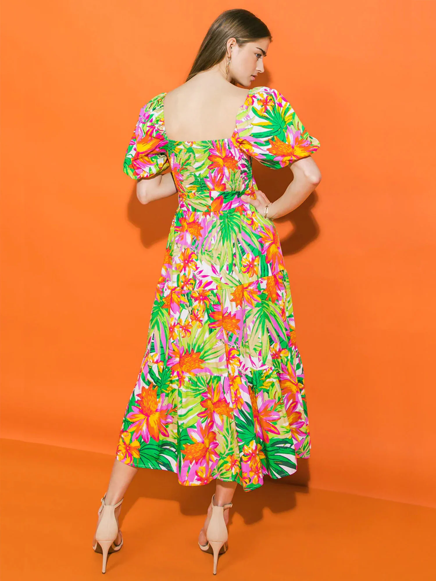 Floral Printed Shirred Tiered Waist Bow Dress - Flying Tomato - Image 3