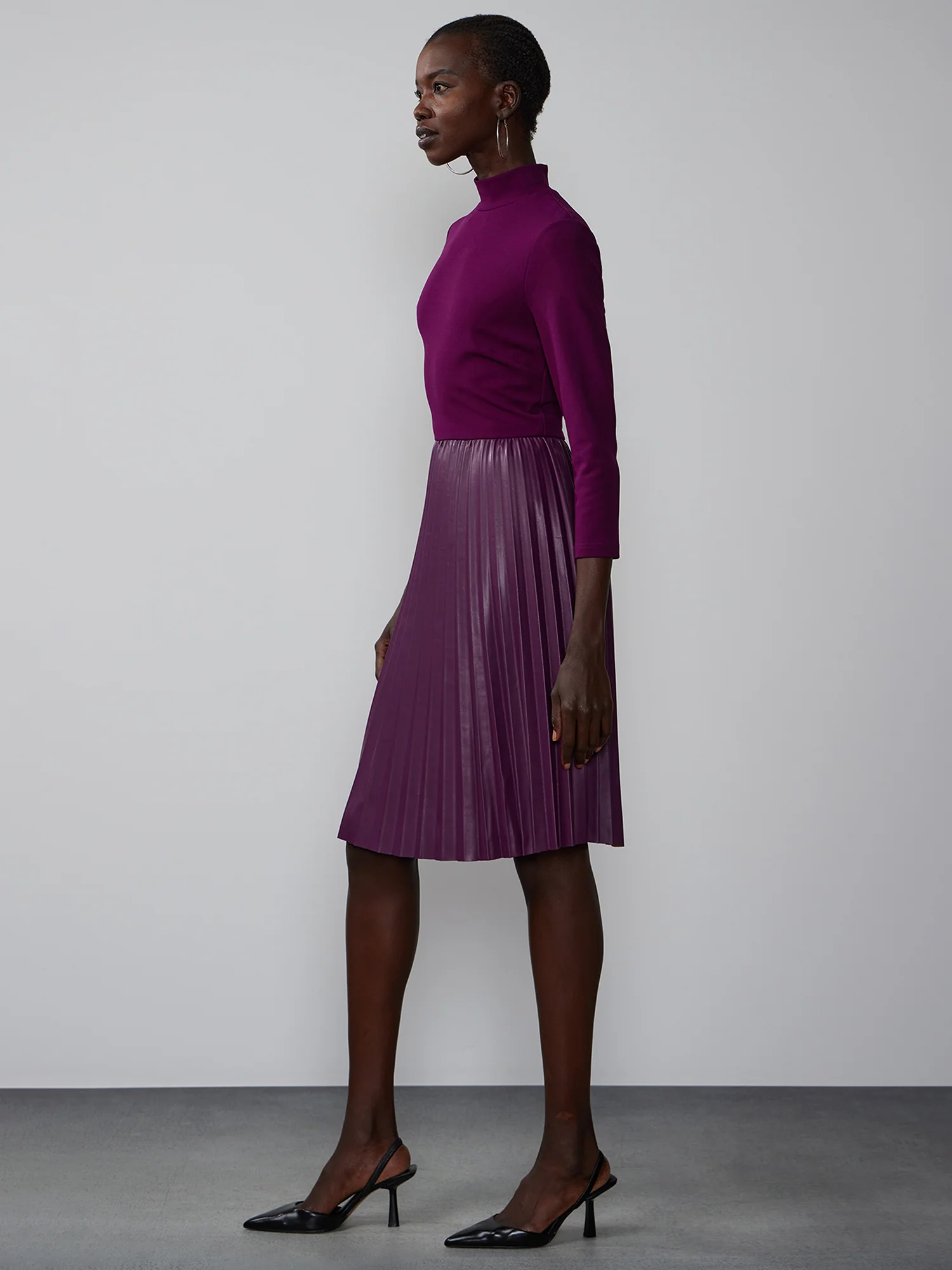 Long Sleeve Mock Neck PU Dress - Image 2