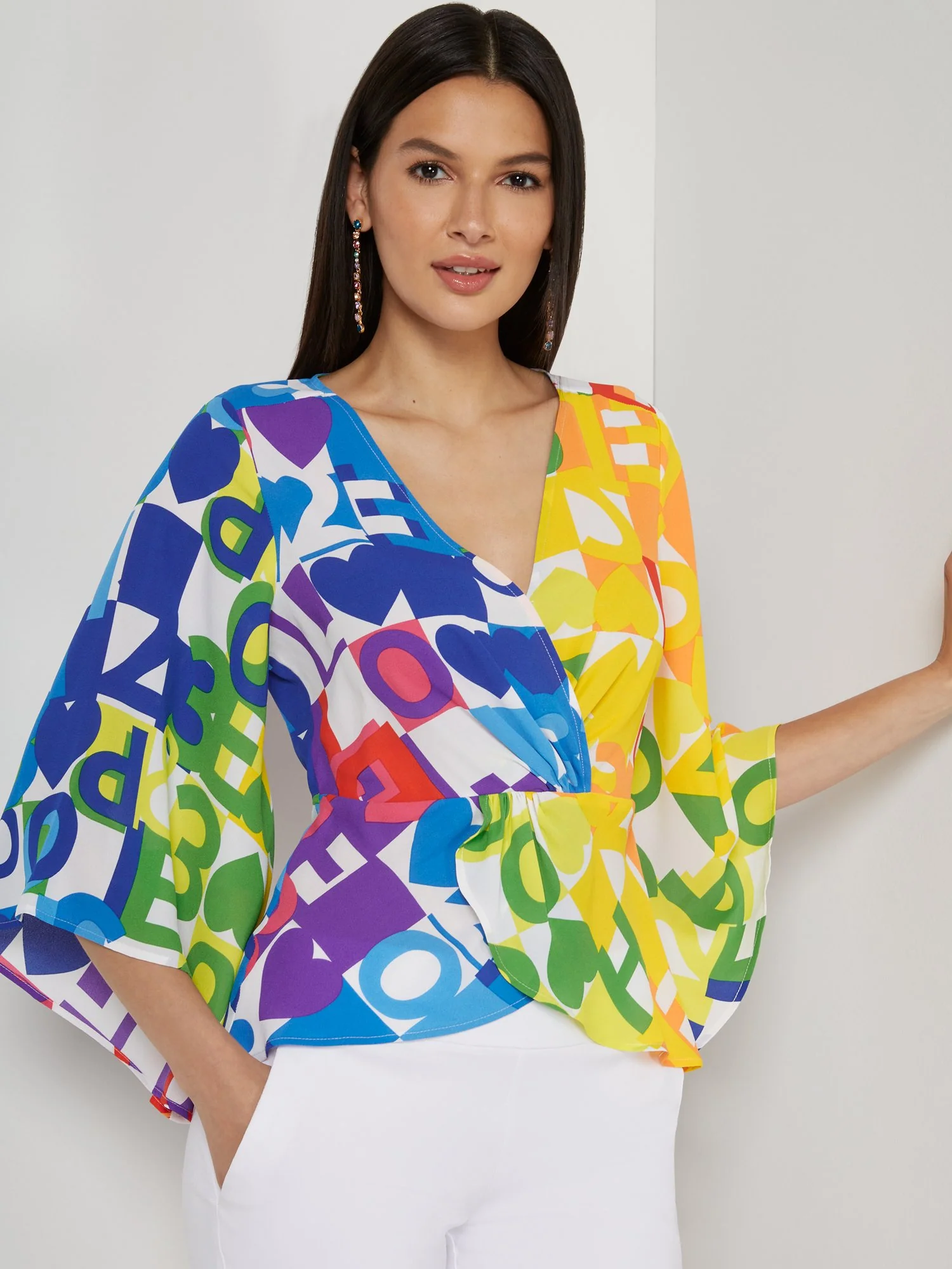Abstract Love-Print Drama-Sleeve Twist-Front Top - Image 2