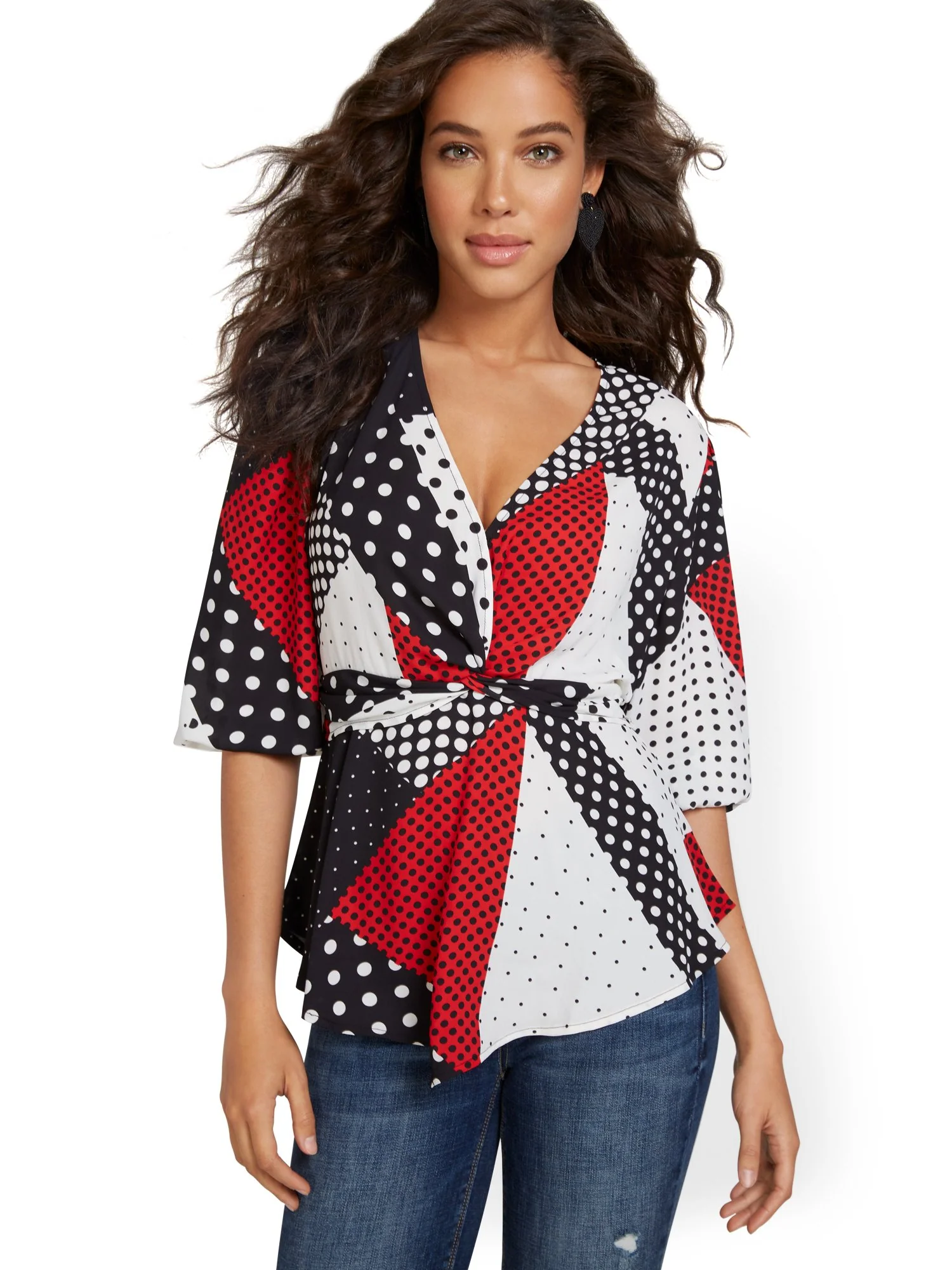 Abstract-Print Balloon-Sleeve Blouse - Image 2