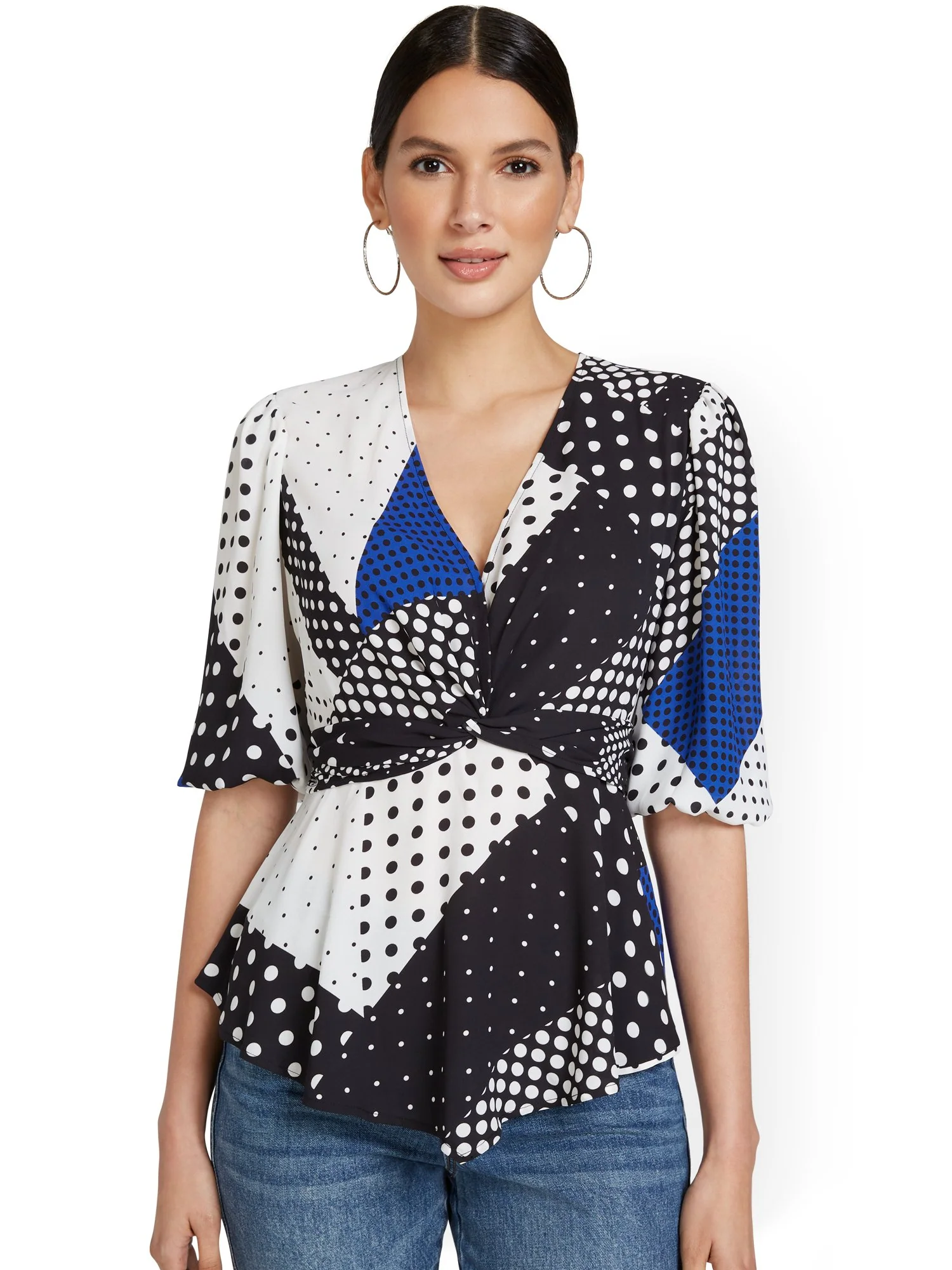 Abstract-Print Balloon-Sleeve Blouse - Image 4