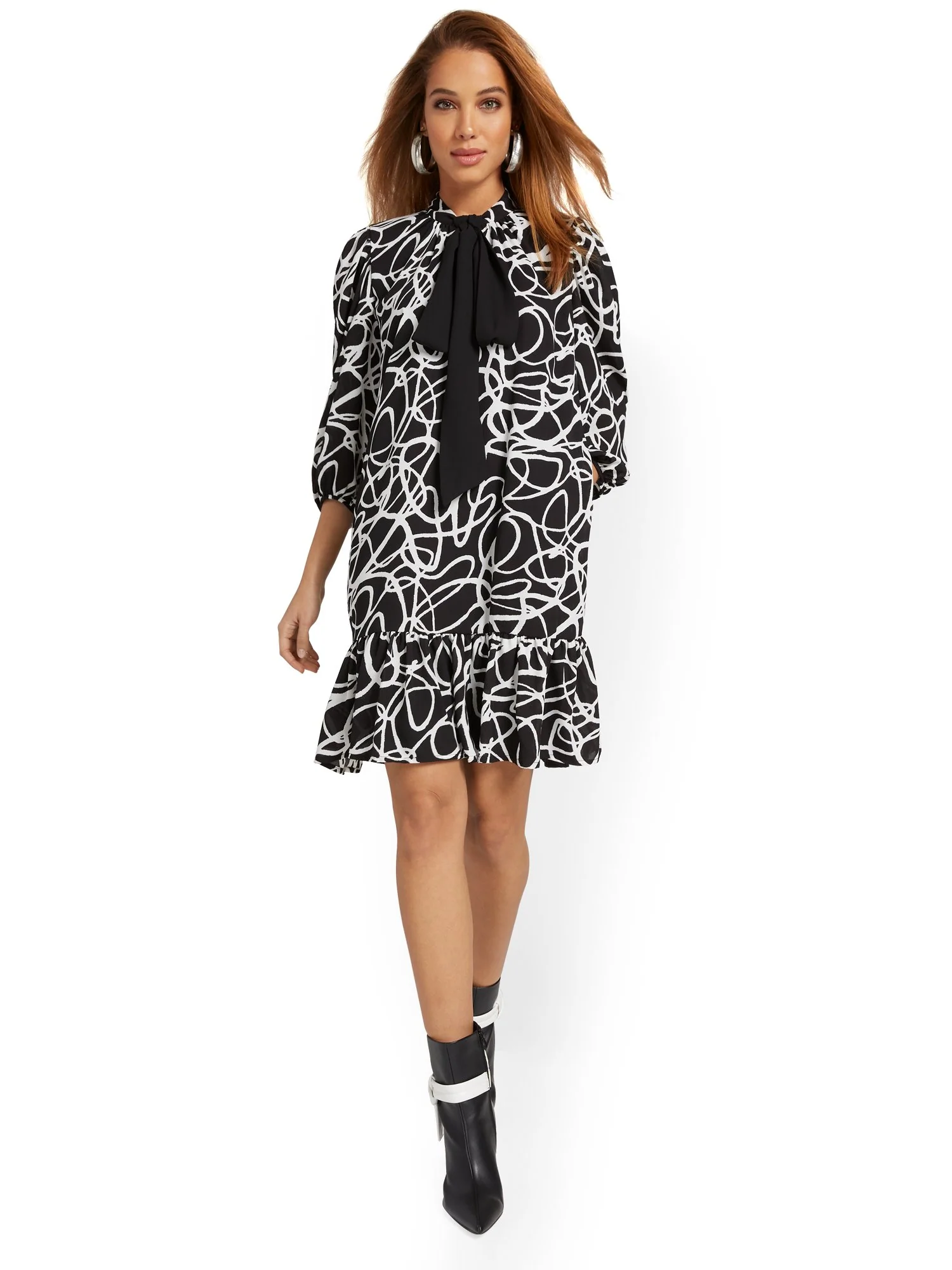 Abstract-Print Bow-Neck Dress - Image 2