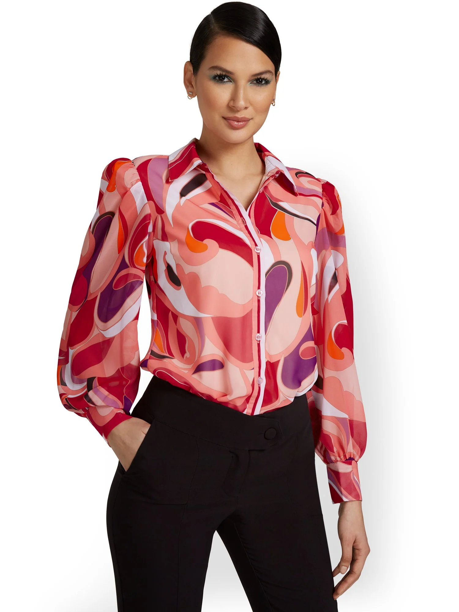 Abstract-Print Chiffon Button-Front Blouse - Image 2