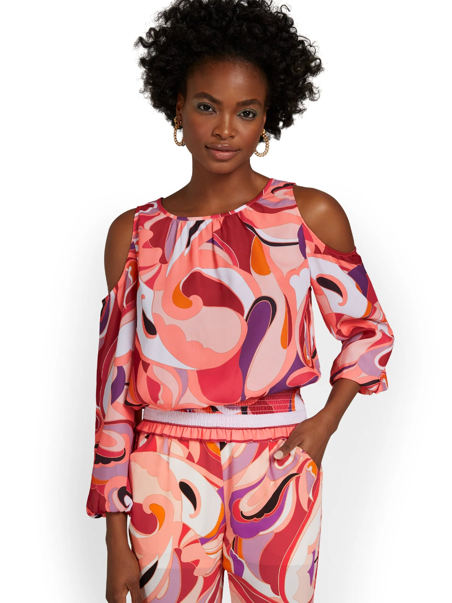 Abstract-Print Cold-Shoulder Top
