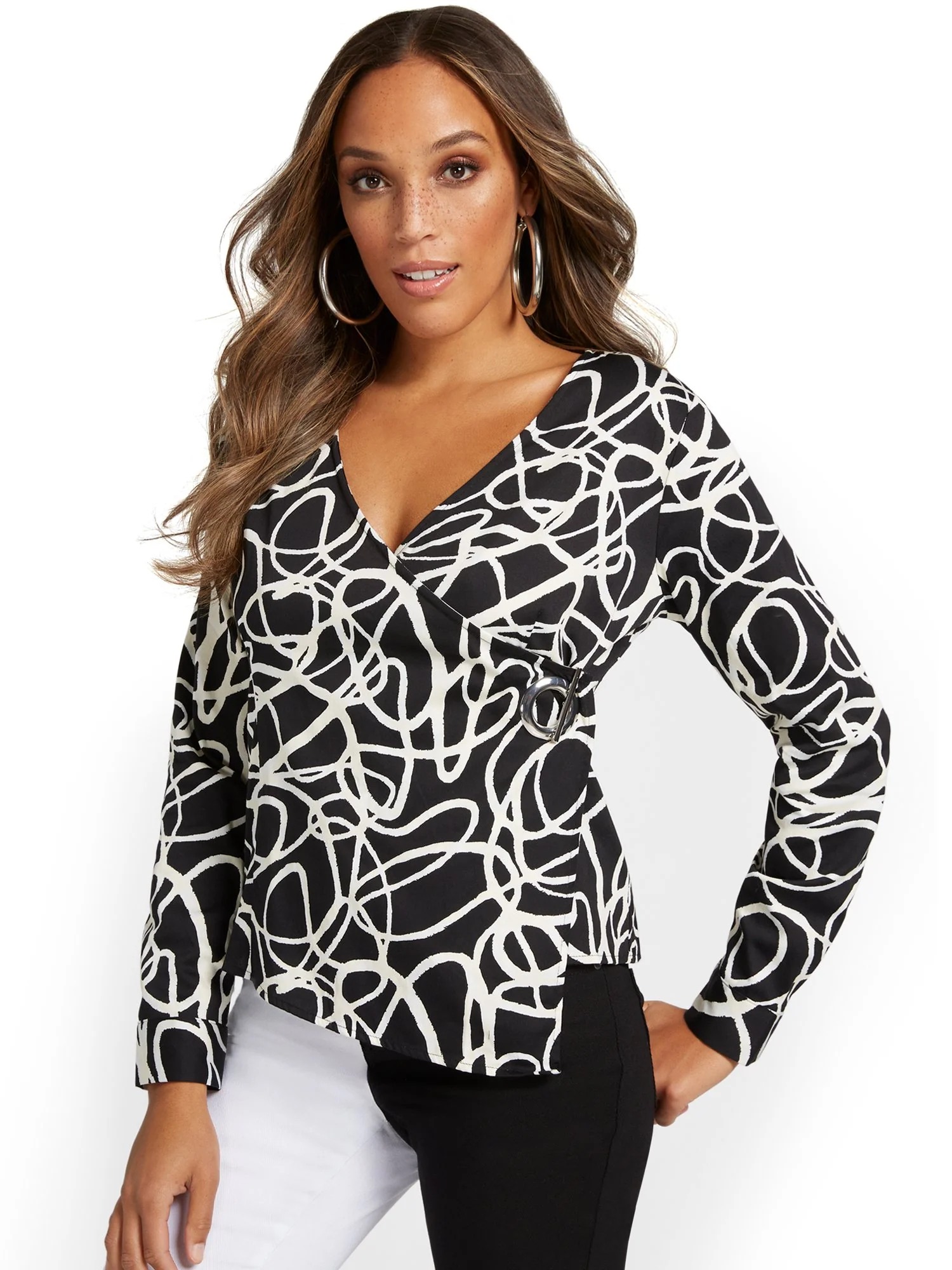 Abstract-Print Grommet-Detail Poplin Top