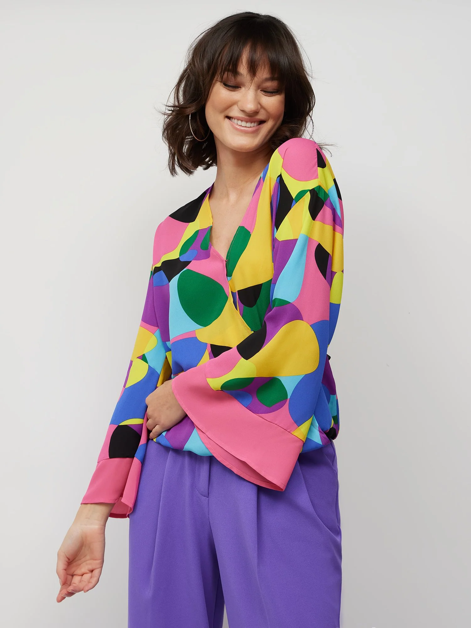 Abstract-Print Kimono-Sleeve Blouse - Image 3