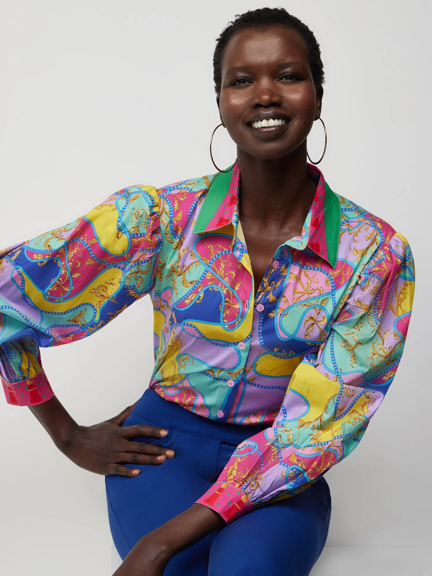 Abstract-Print Puff-Sleeve Button-Front Poplin Shirt