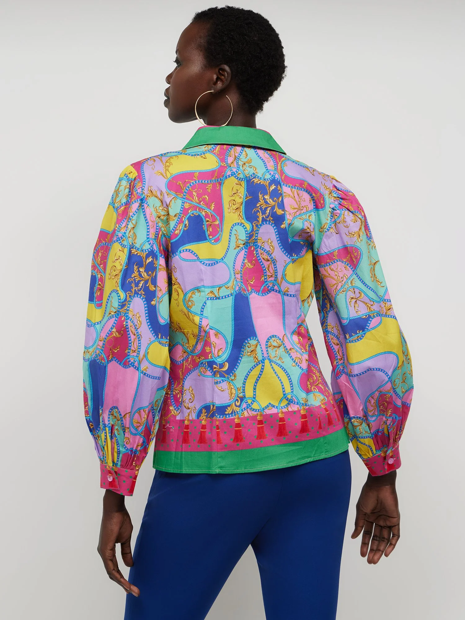 Abstract-Print Puff-Sleeve Button-Front Poplin Shirt - Image 2