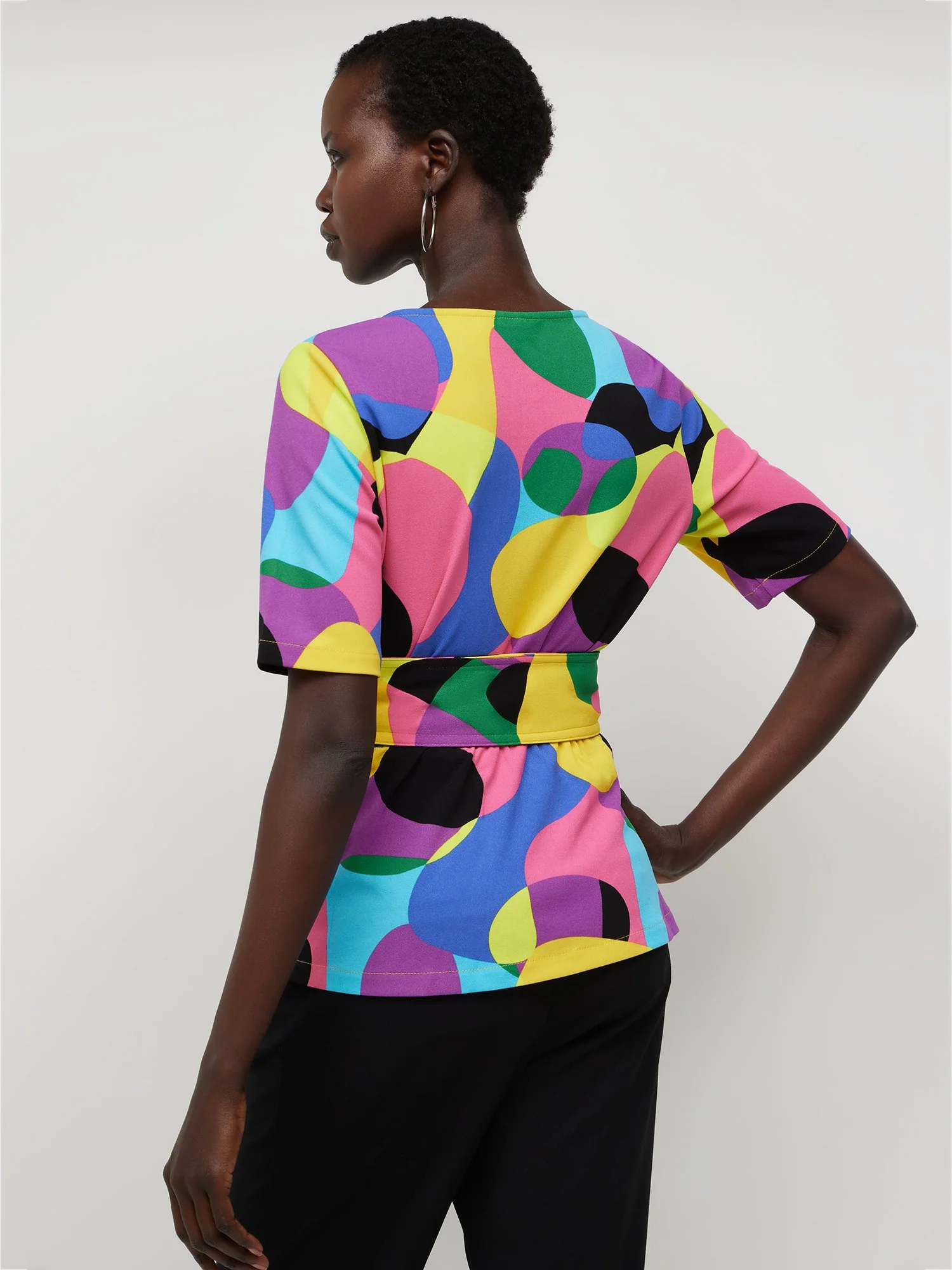 Abstract-Print V-Neck Belted Top - Magic Crepe® - Image 5
