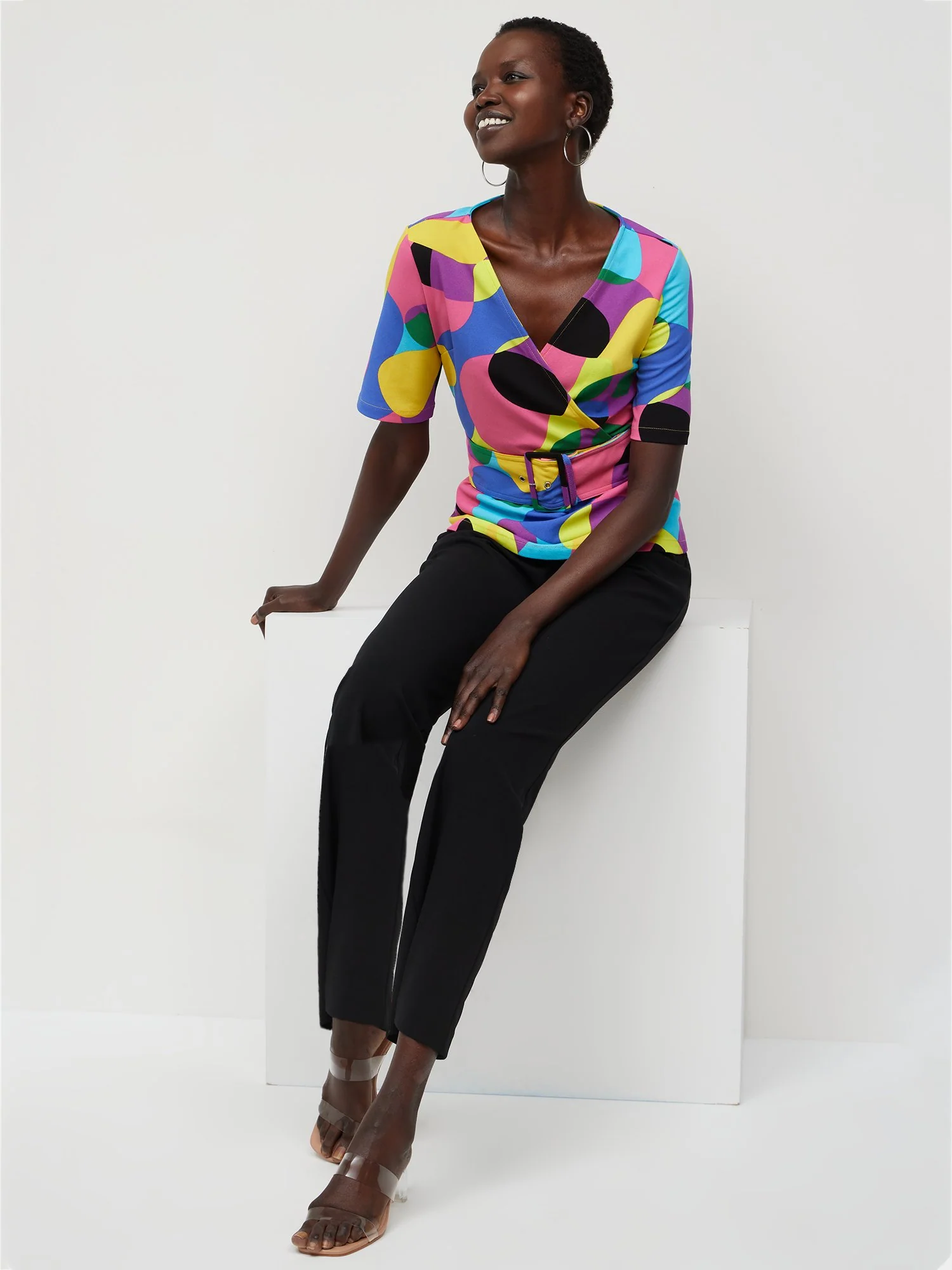 Abstract-Print V-Neck Belted Top - Magic Crepe® - Image 6
