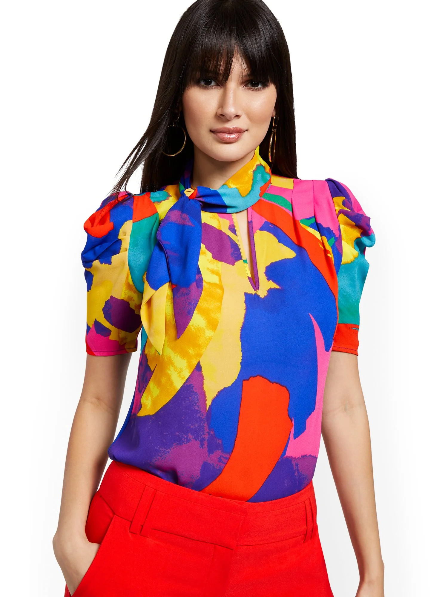 Abstract Puff-Sleeve Tie-Neck Blouse - Image 2