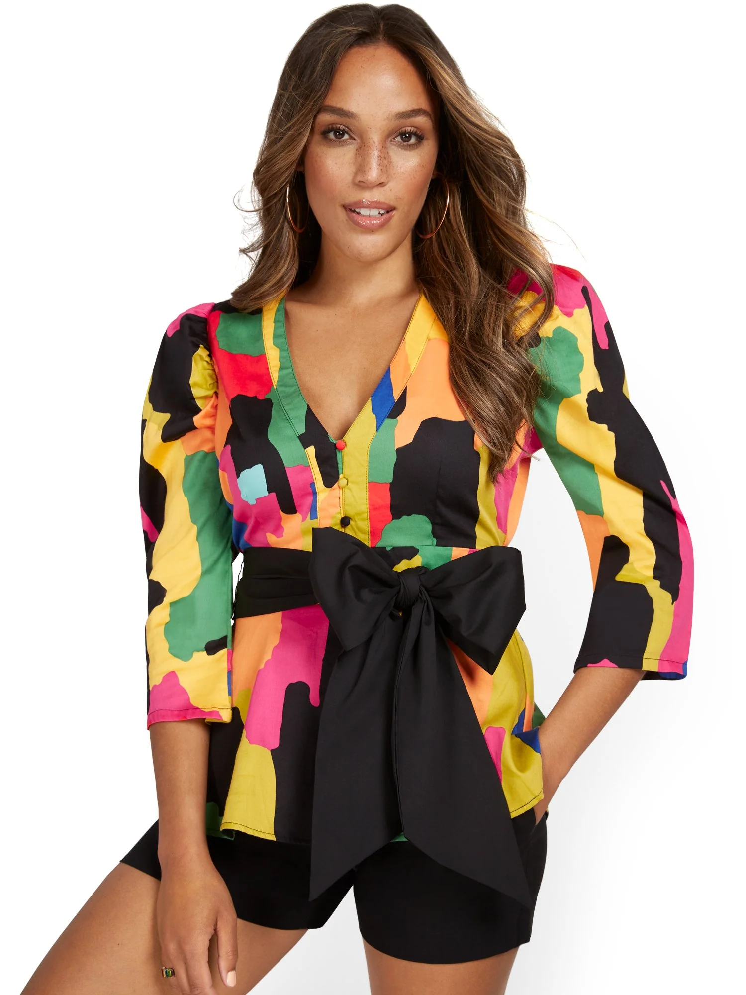 Abstract Shirred-Shoulder Bow-Front Shirt