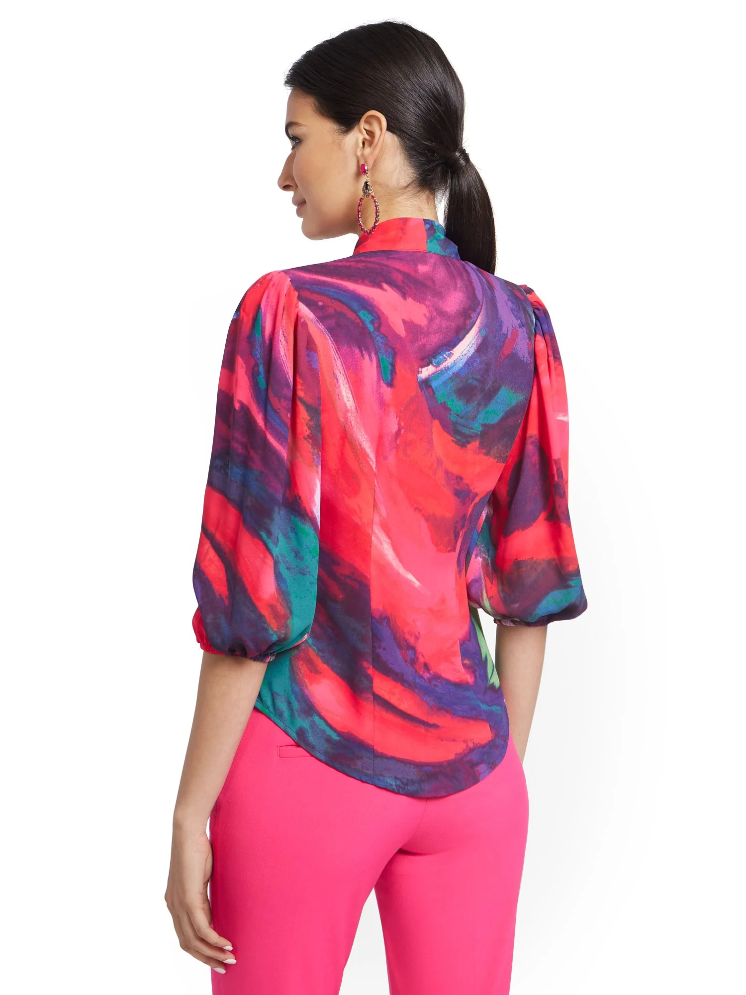 Abstract Watercolor Print Essential V-Neck Bow Blouse - Image 3