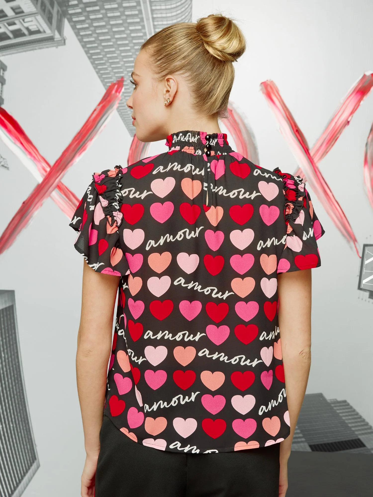 Amour Heart-Print Ruffle-Sleeve Blouse - Image 3