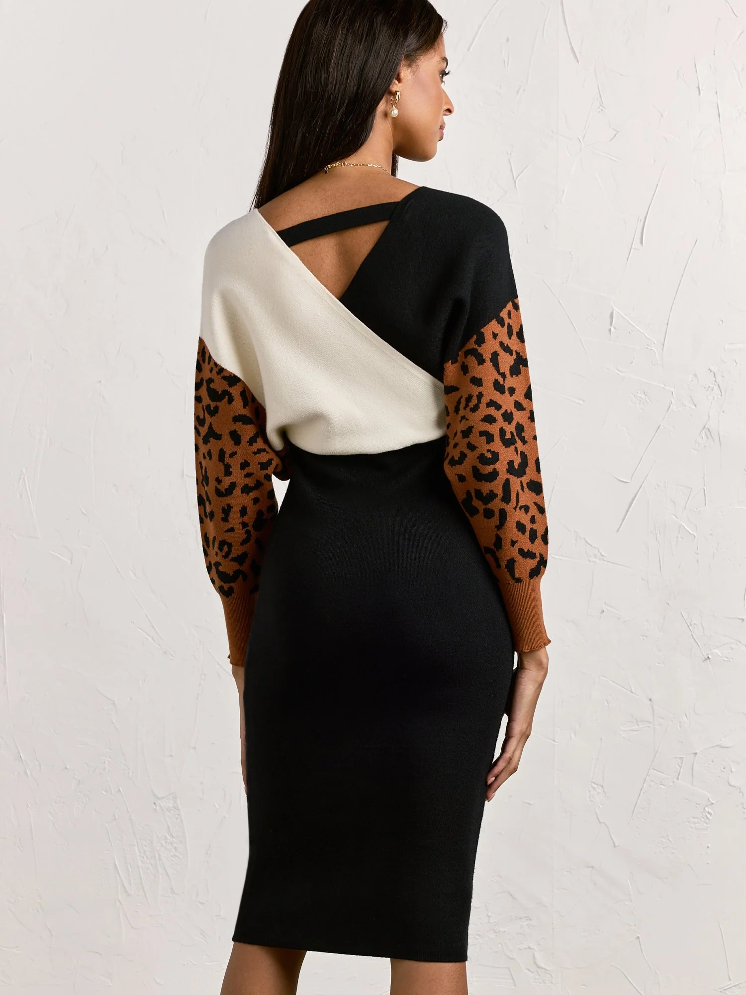 Animal Print Colorblock Wrap Sweater Dress - Dee Elly - Image 5