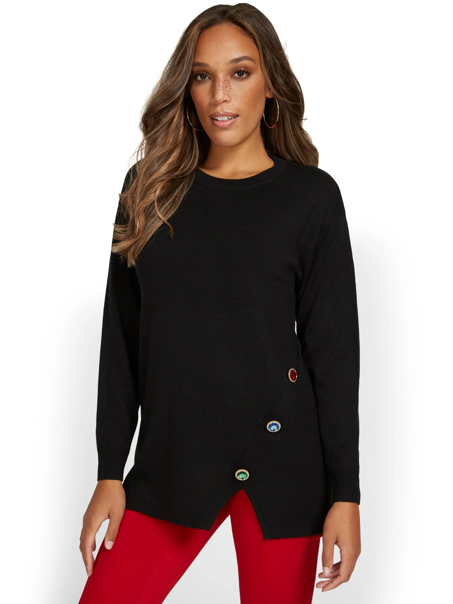 Asymmetric Jewel-Embellished Tunic Sweater - Image 2