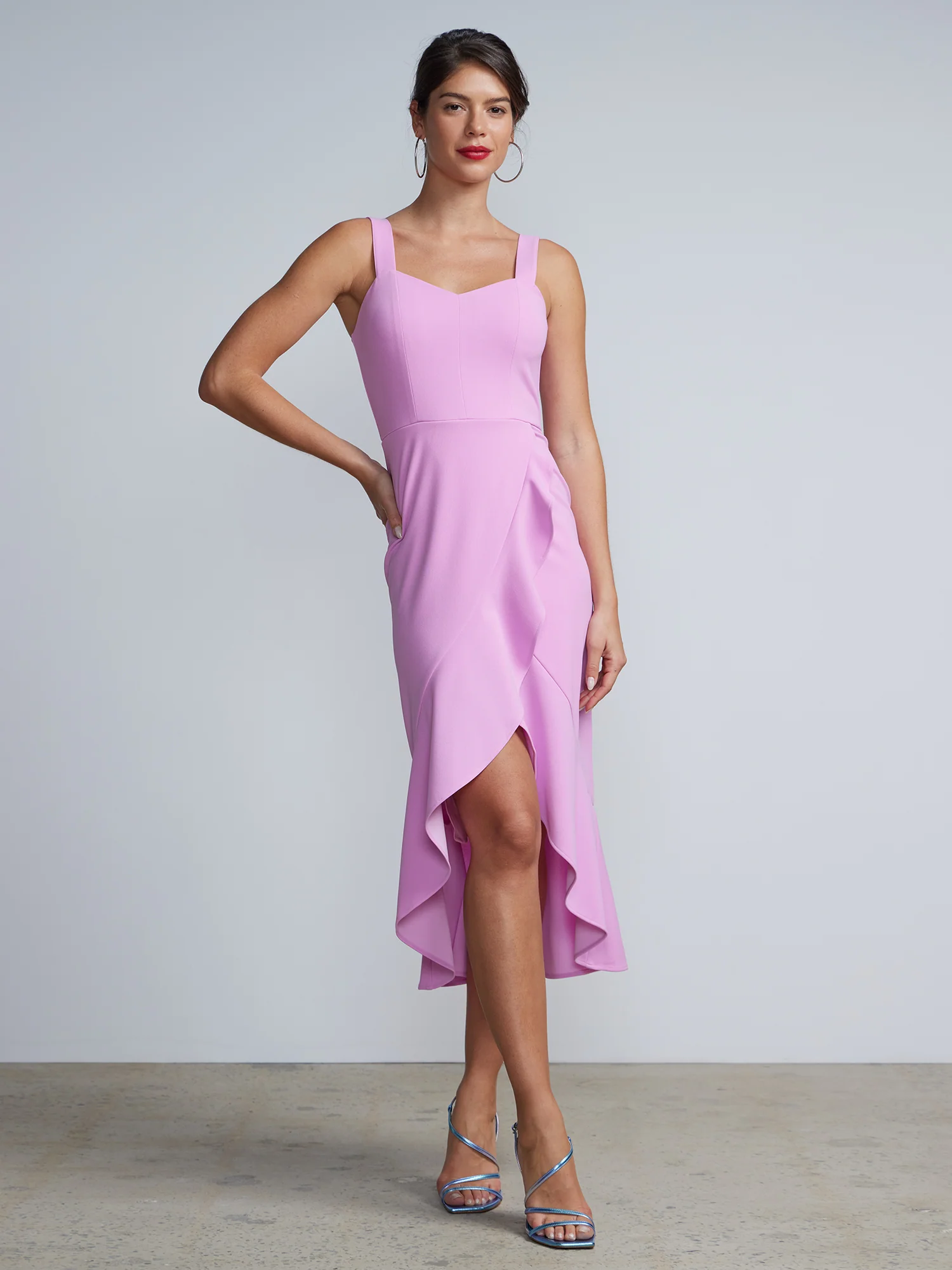Asymmetric Sleeveless Ruffle Faux Wrap Midi Dress