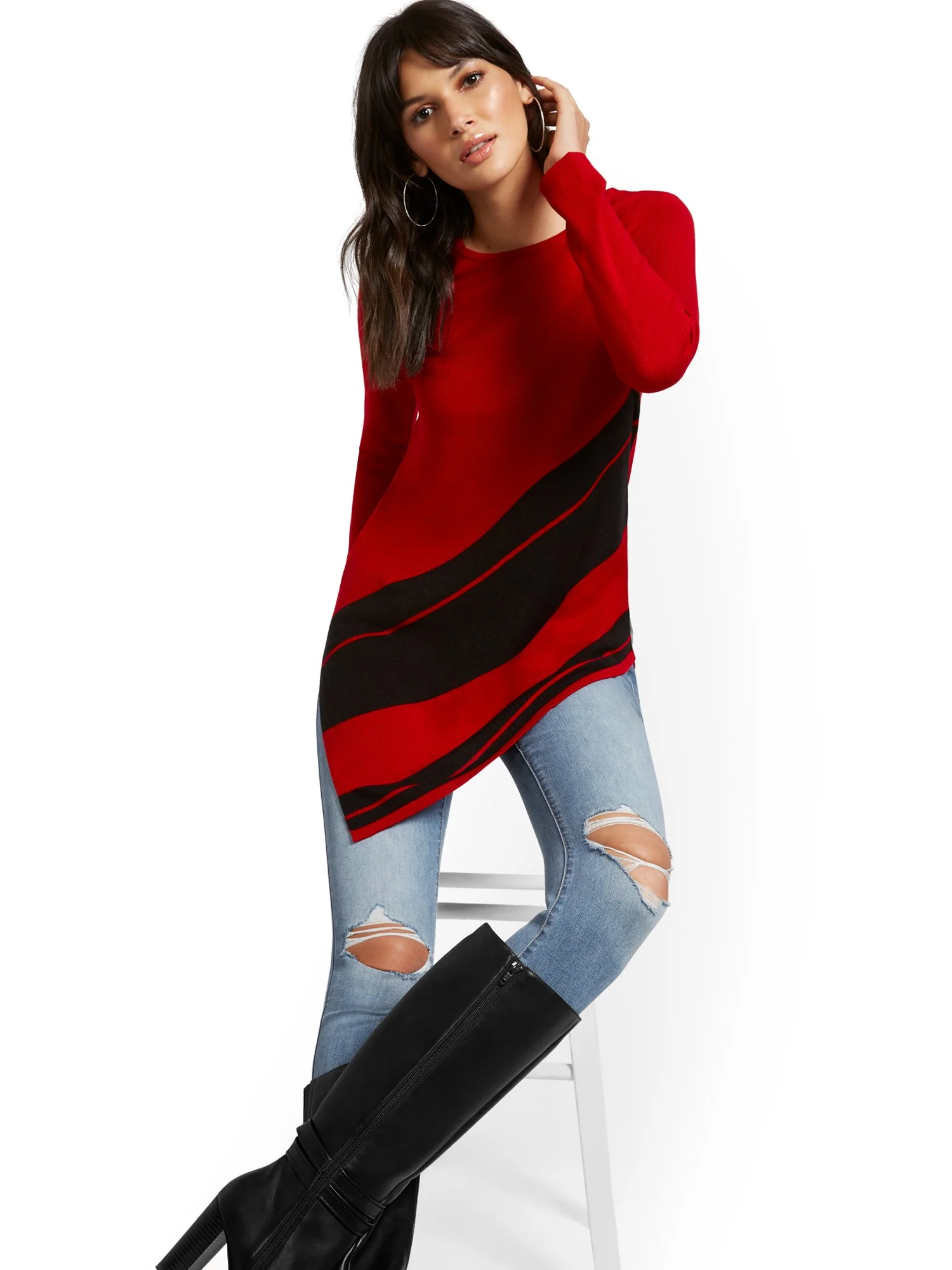 Asymmetrical Stripe Tunic Sweater - Image 9
