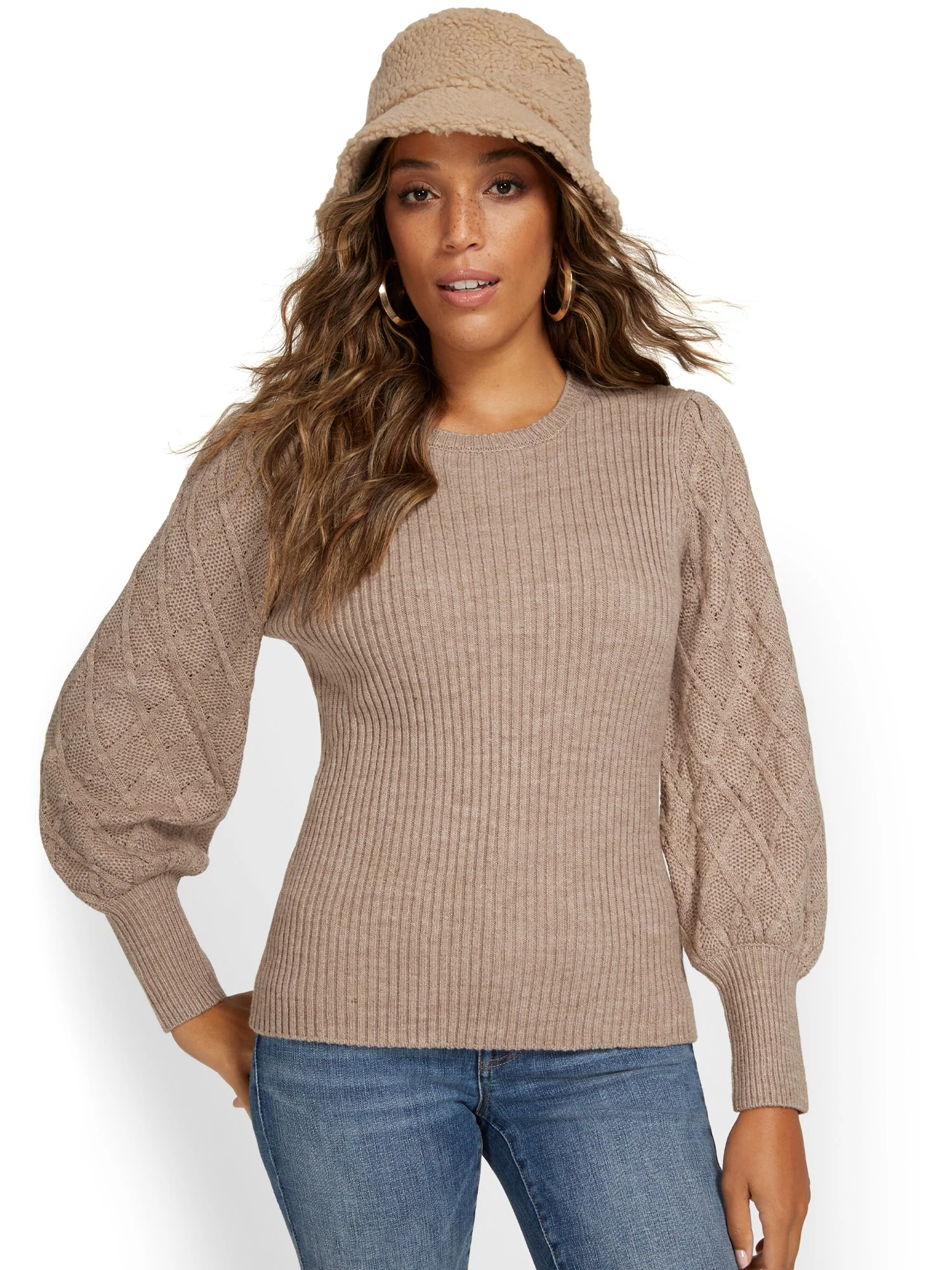 Balloon-Sleeve Cable-Knit Pullover Sweater - Image 7