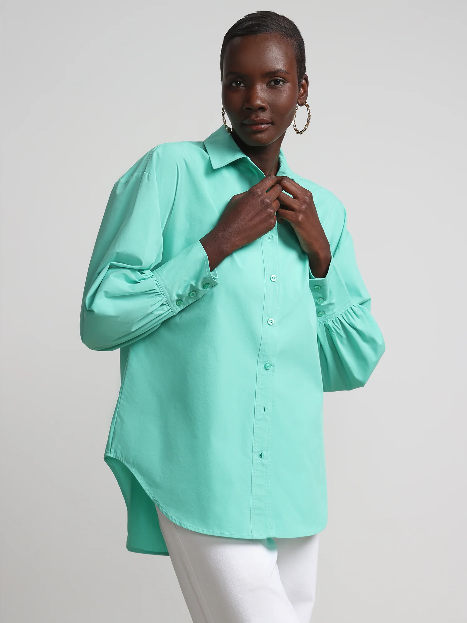 Balloon-Sleeve Oversized Boyfriend Poplin Shirt - Image 12