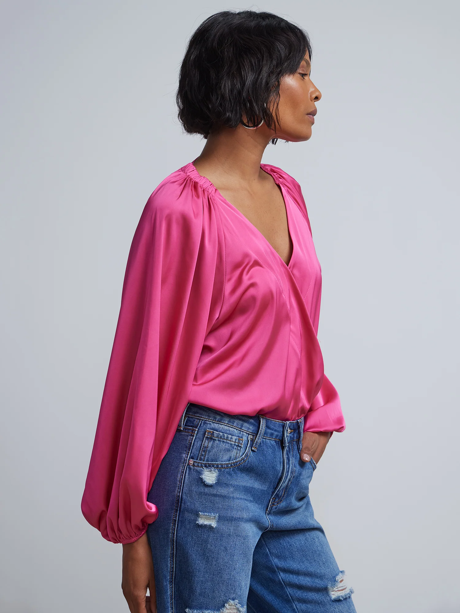 Balloon-Sleeve Satin-Effect Bodysuit - Image 2