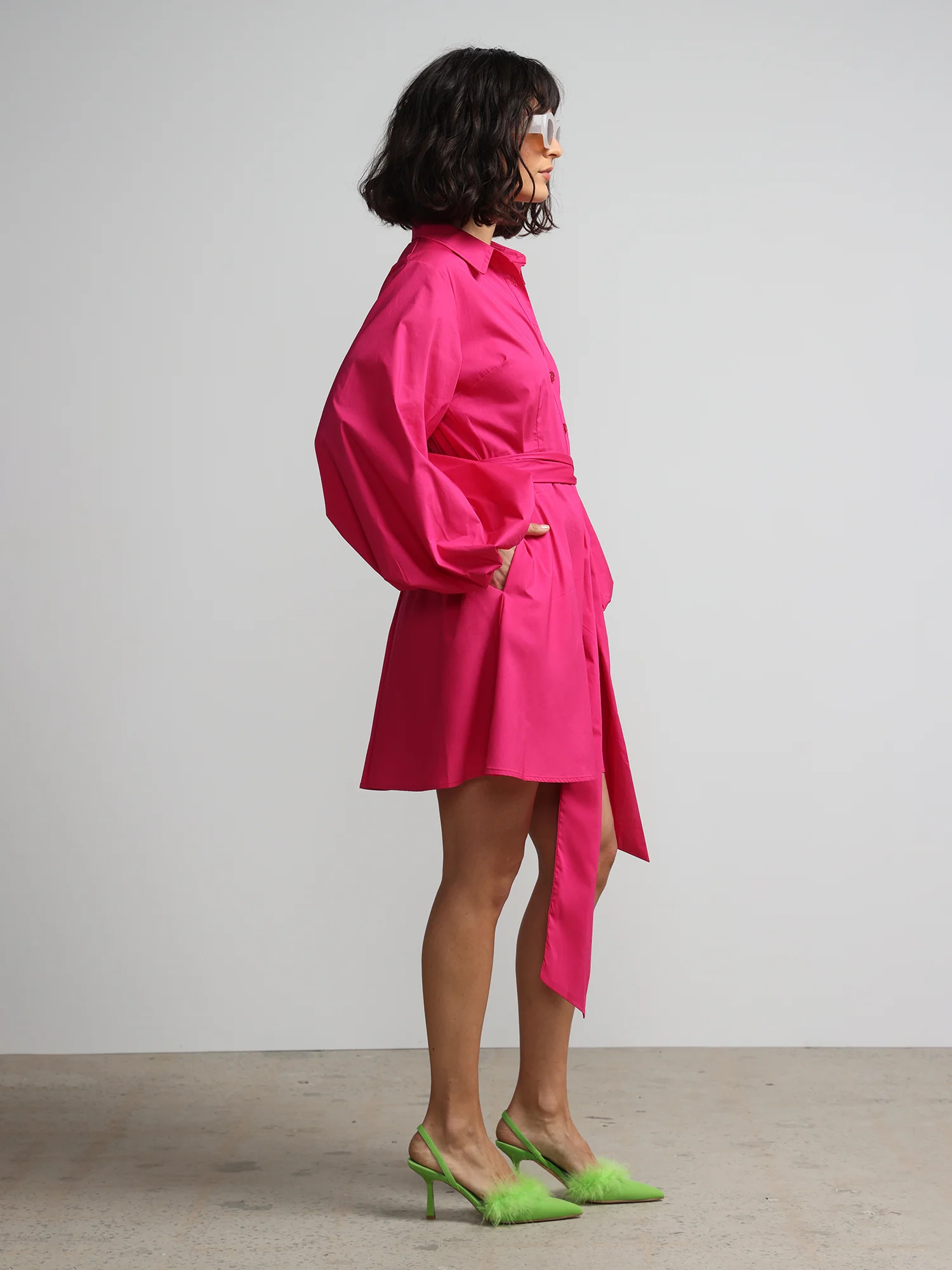 Balloon-Sleeve Waist-Tie Shirt Dress - Image 2