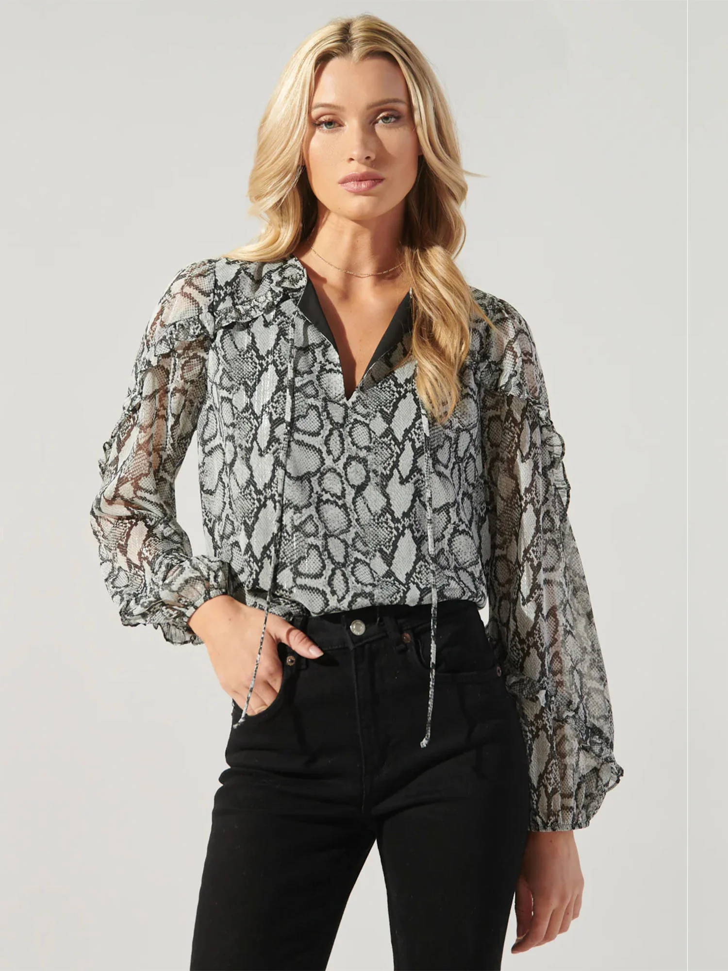 Sugarlips Balloon Sleeves Split-Neck Snake Print Blouse - Brands We Love
