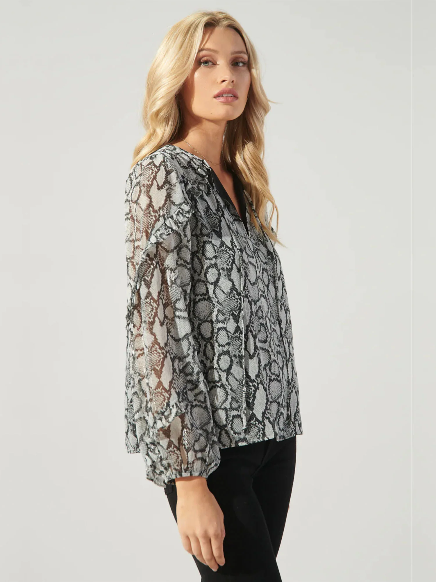 Sugarlips Balloon Sleeves Split-Neck Snake Print Blouse - Brands We Love - Image 4
