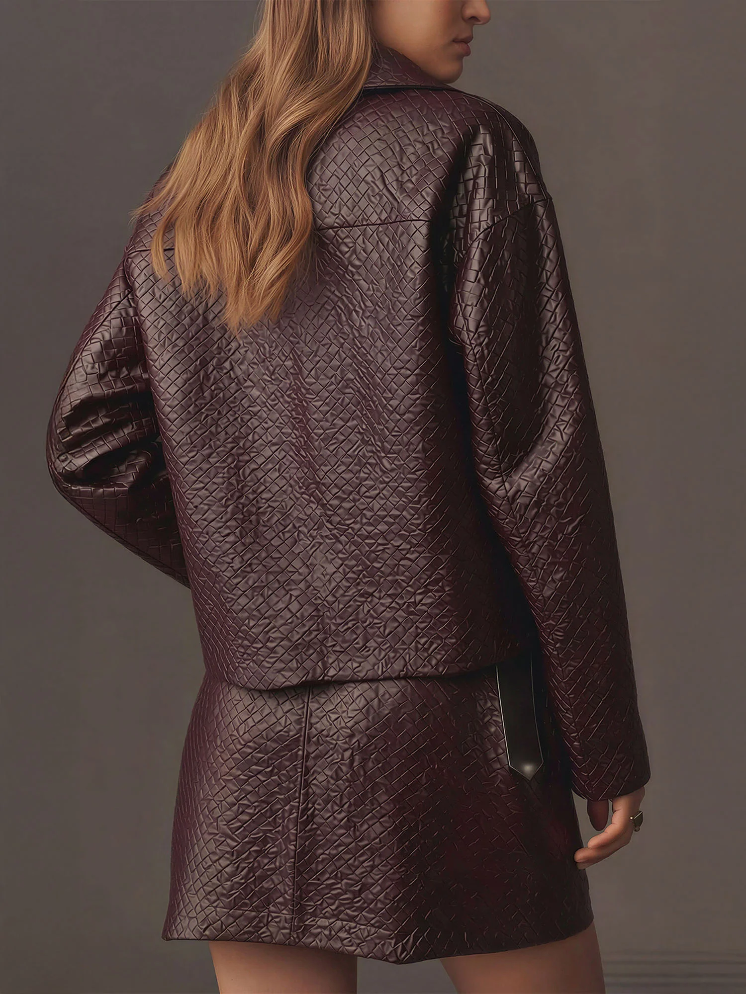Basket Weave Faux Leather Collared Jacket - Image 7
