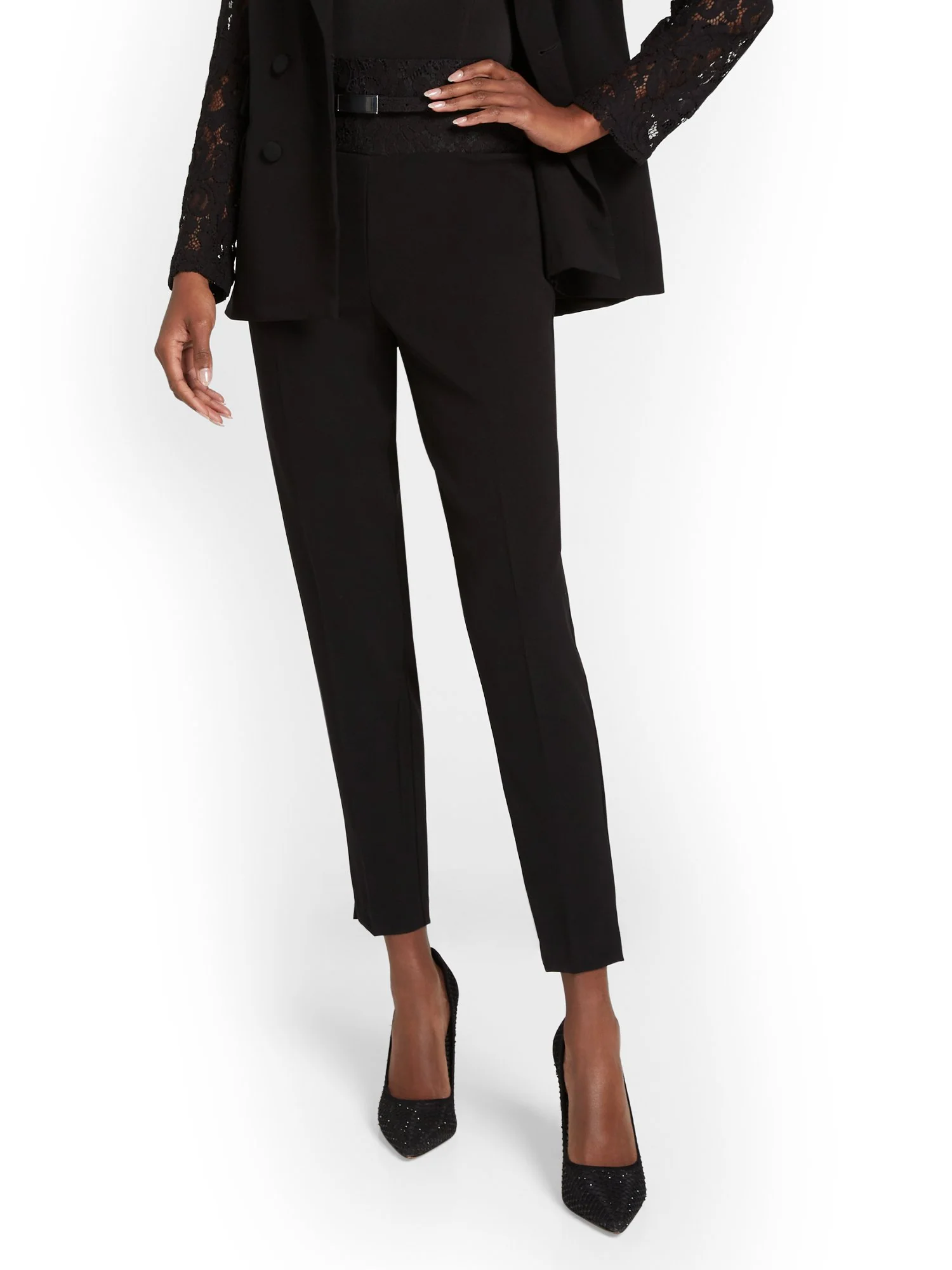 Belted Lace Slim-Leg Ankle Pant