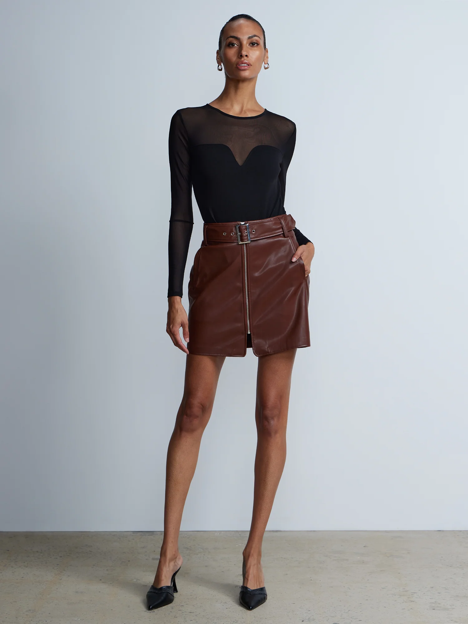 Faux Leather Belted Zipper Pencil Skirt - Image 4