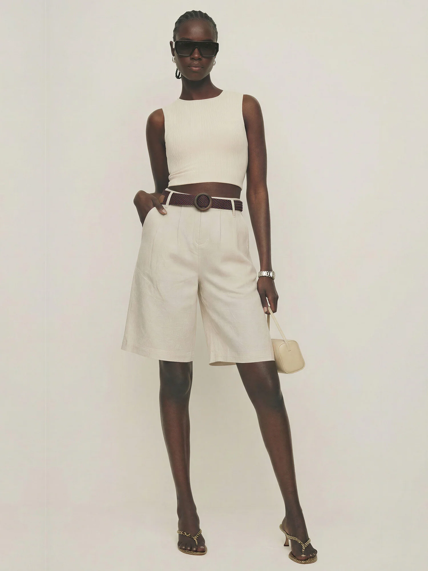 Belted Pleated Linen Blend Bermuda Shorts - Image 6